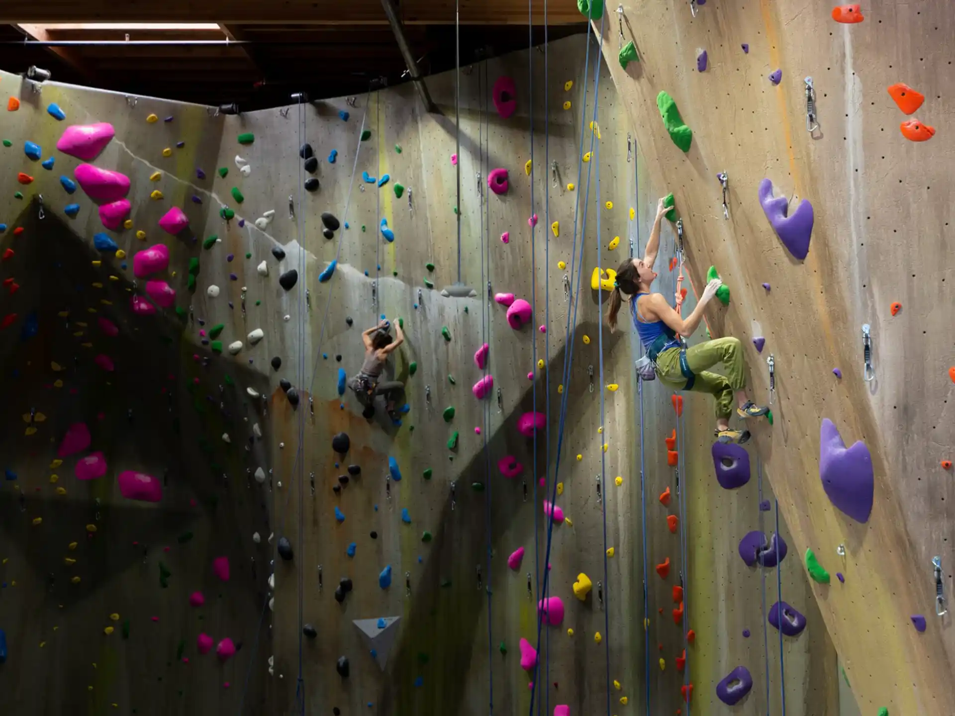 a group of people climbing a rock wall