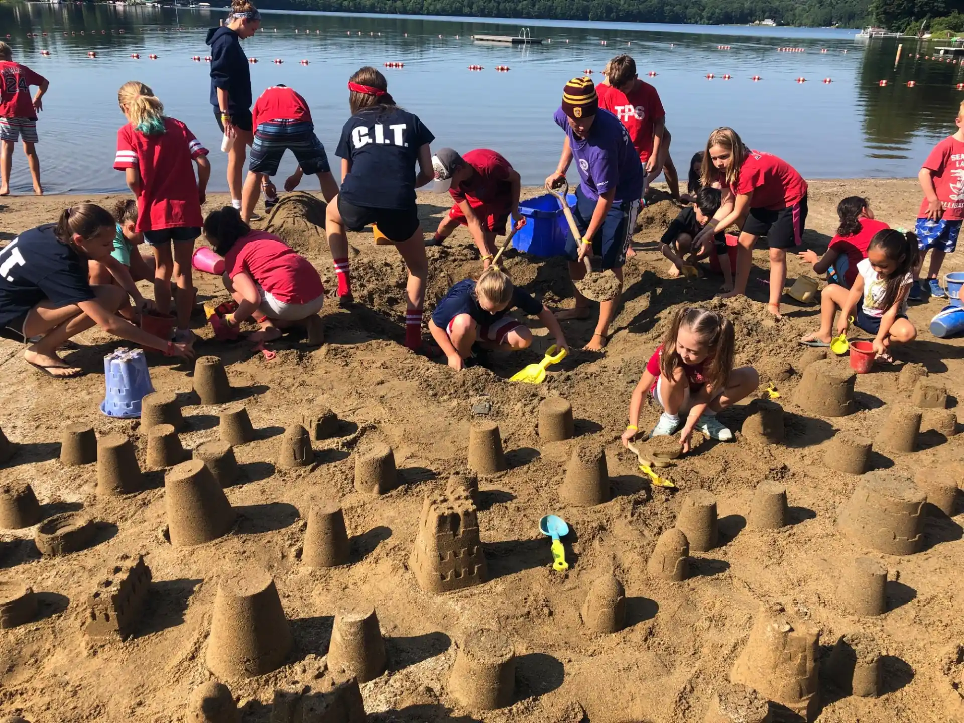 a group of people digging in the sand