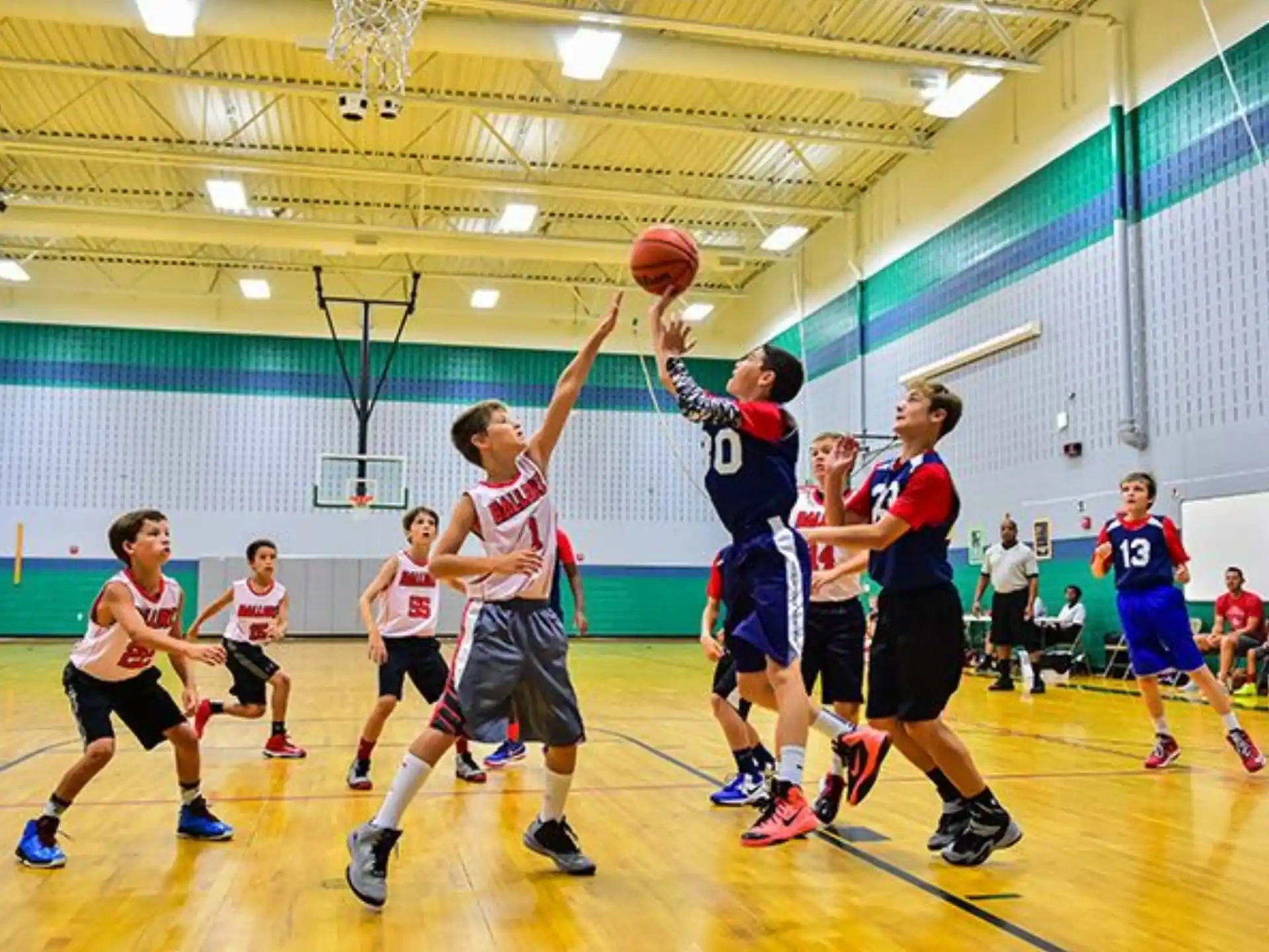 a group of people playing basketball