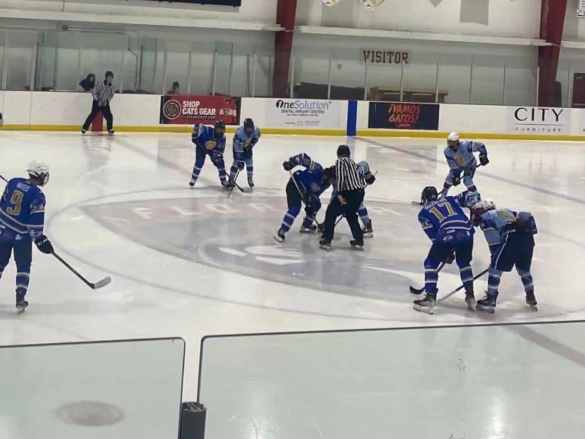 a group of people playing hockey
