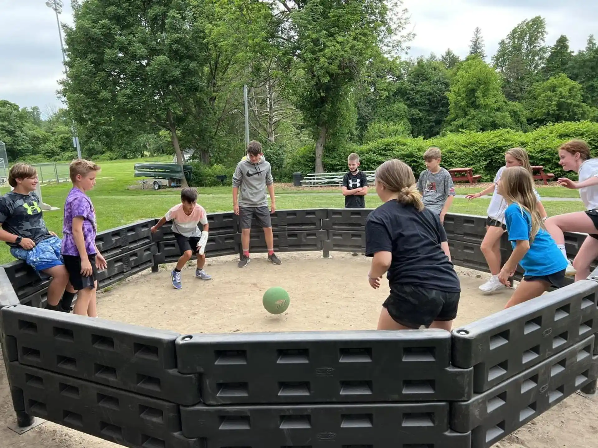a group of people playing football
