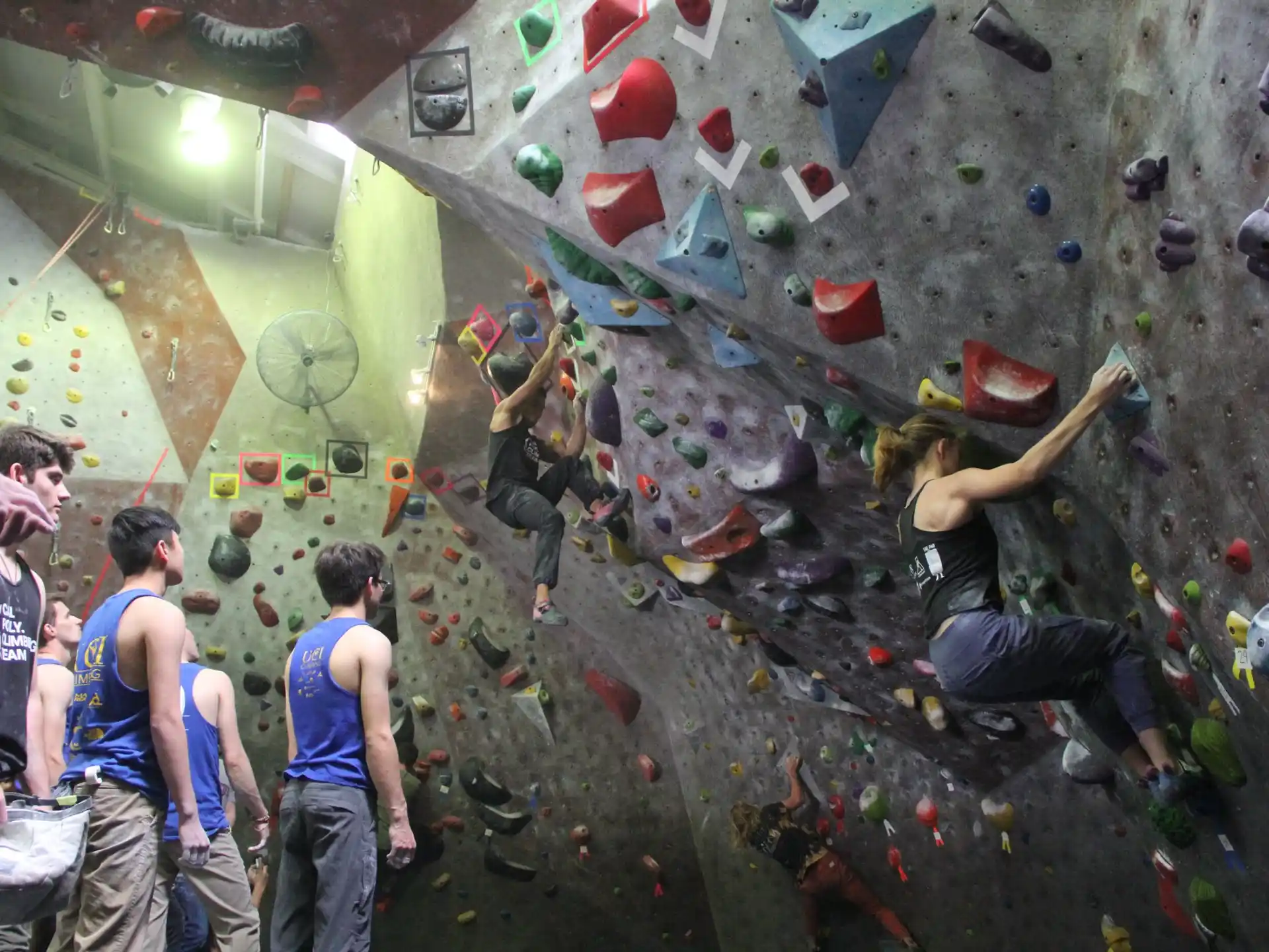 a group of people climbing a rock wall