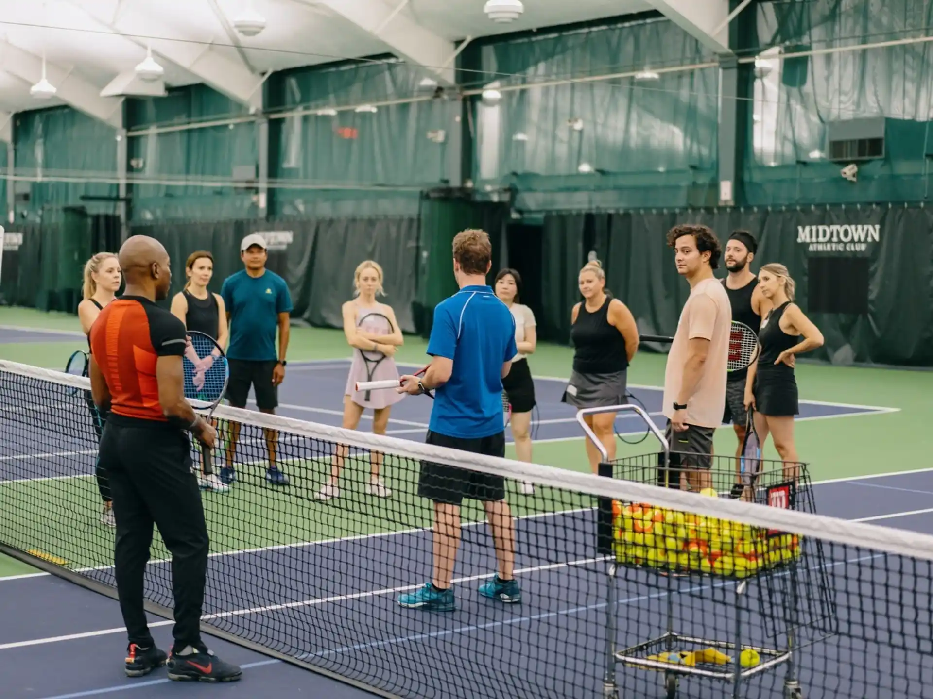 a group of people standing on a tennis court