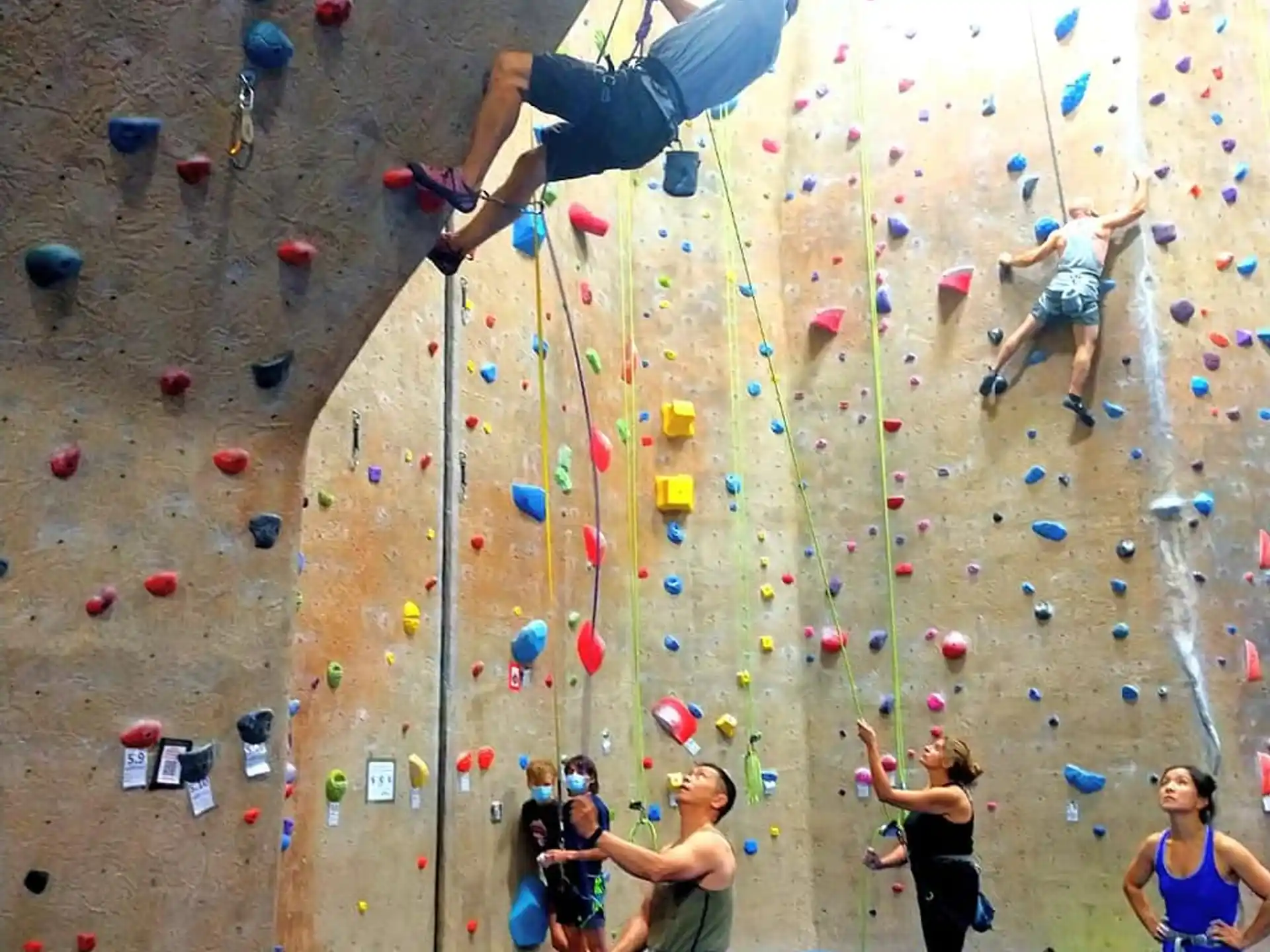 a group of people climbing a rock wall