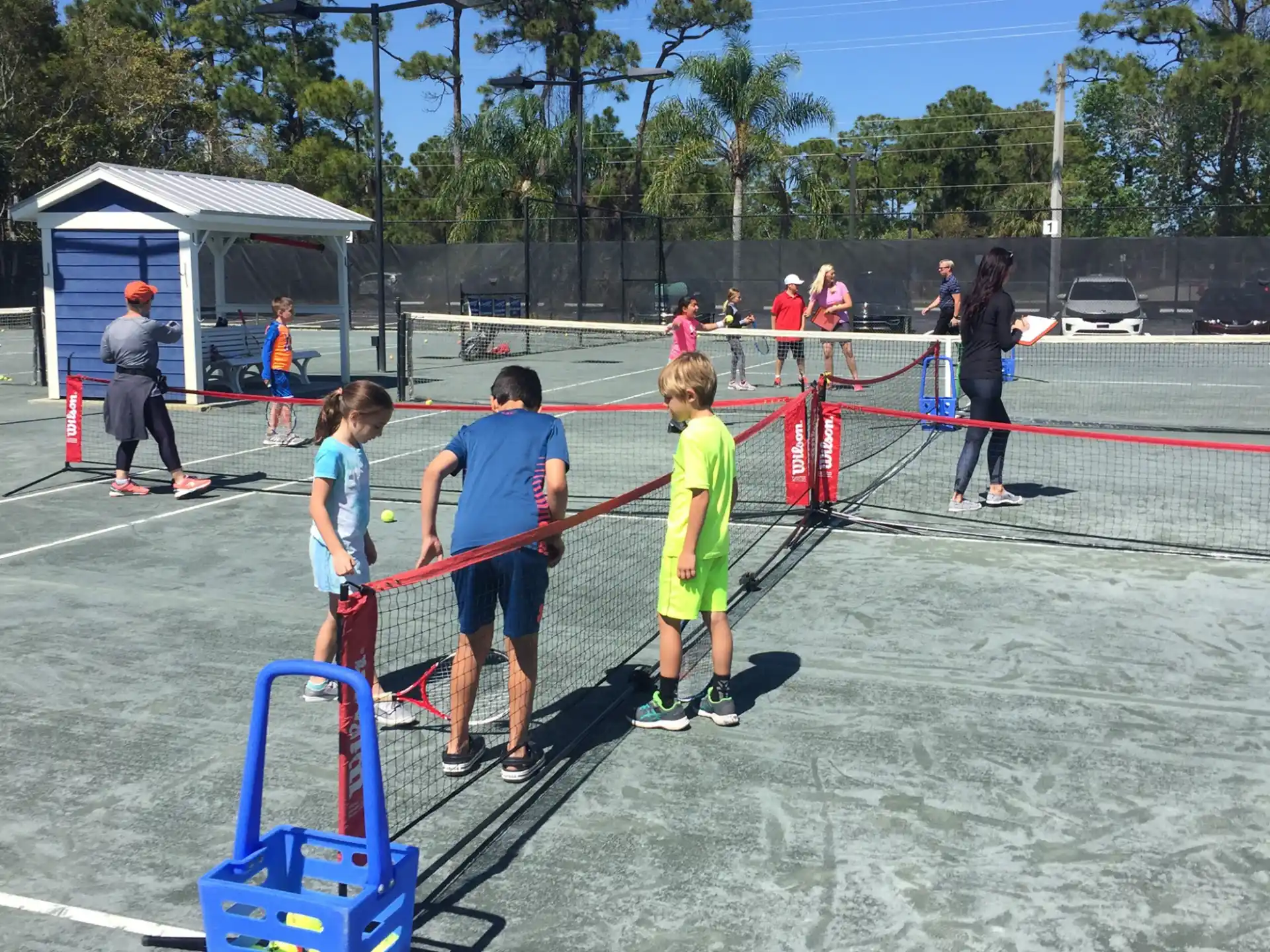 a group of people playing volleyball