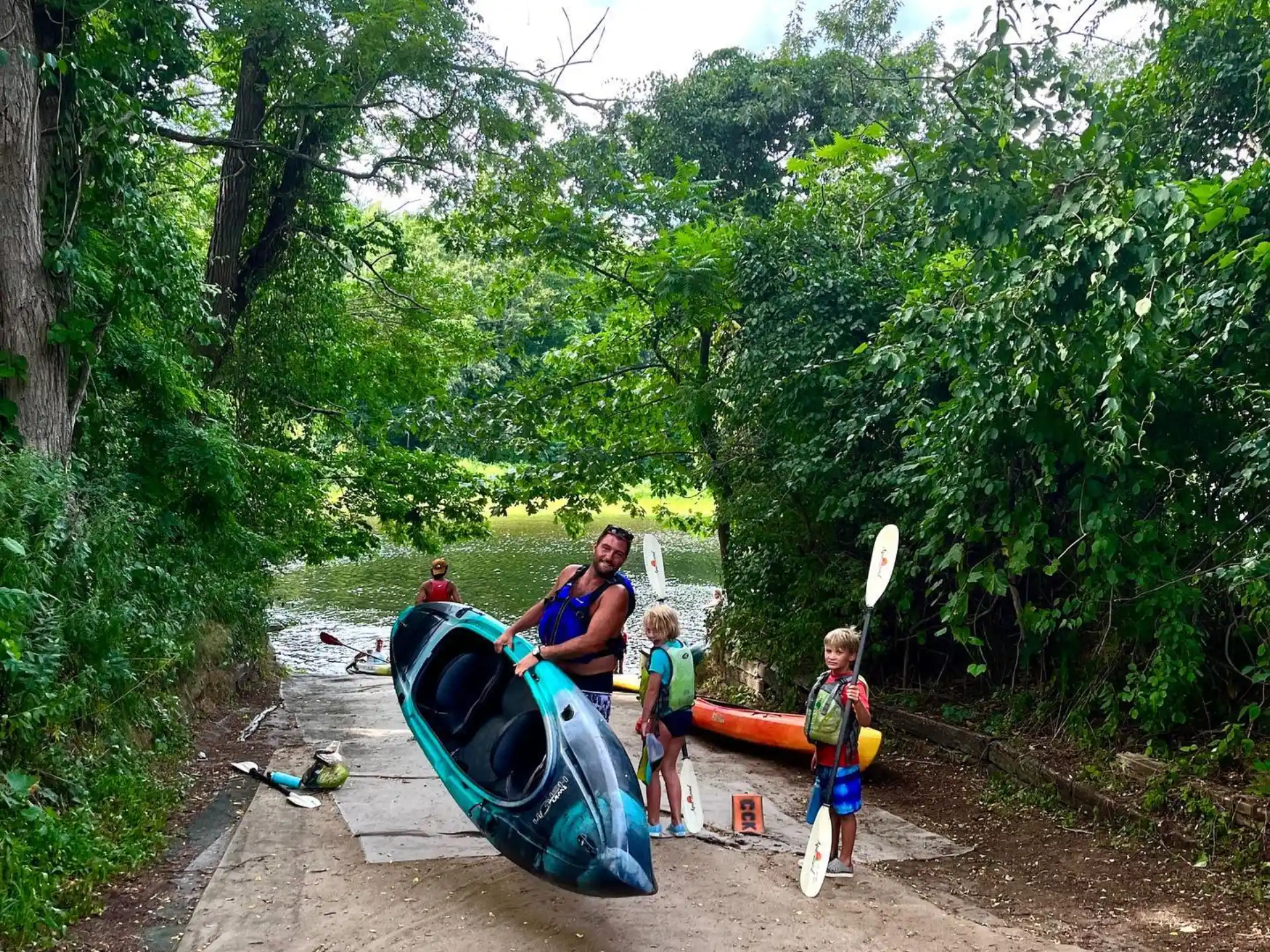 a group of people on a raft