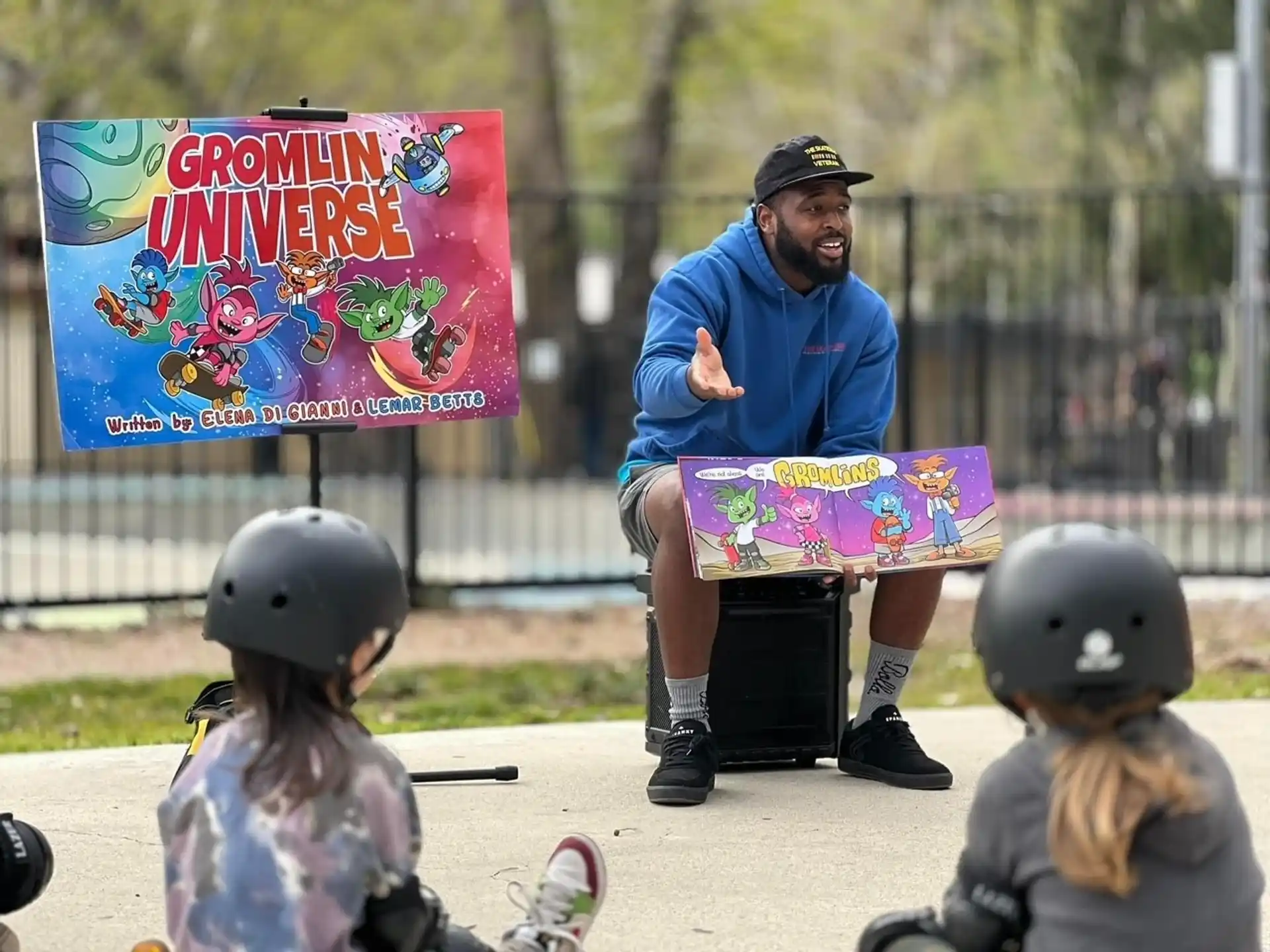 a person with a skateboard and kids