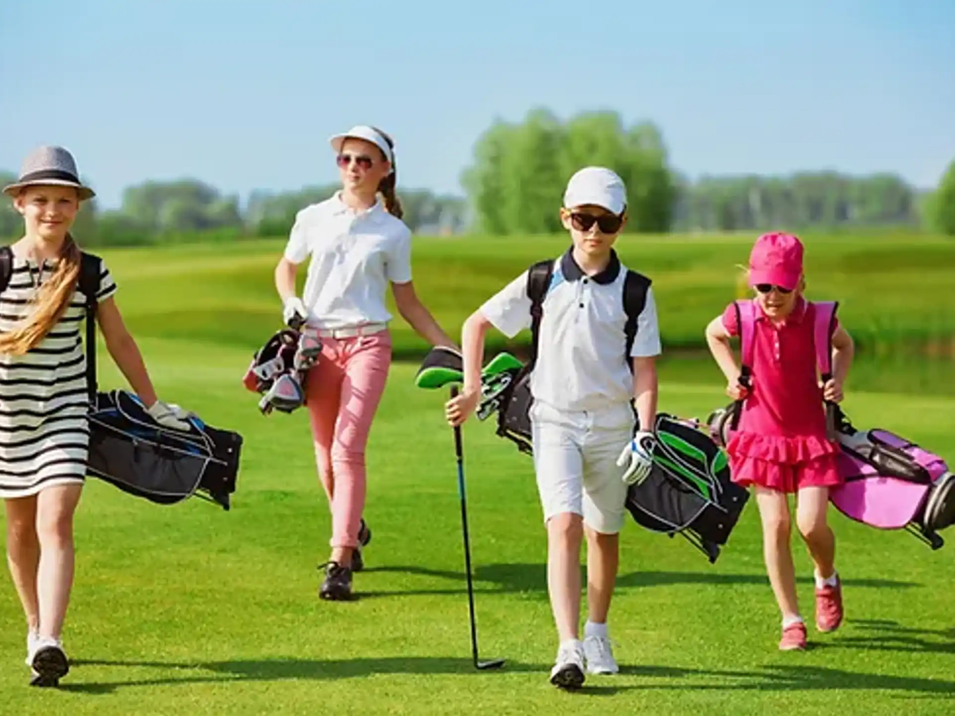 a group of people walking on a golf course