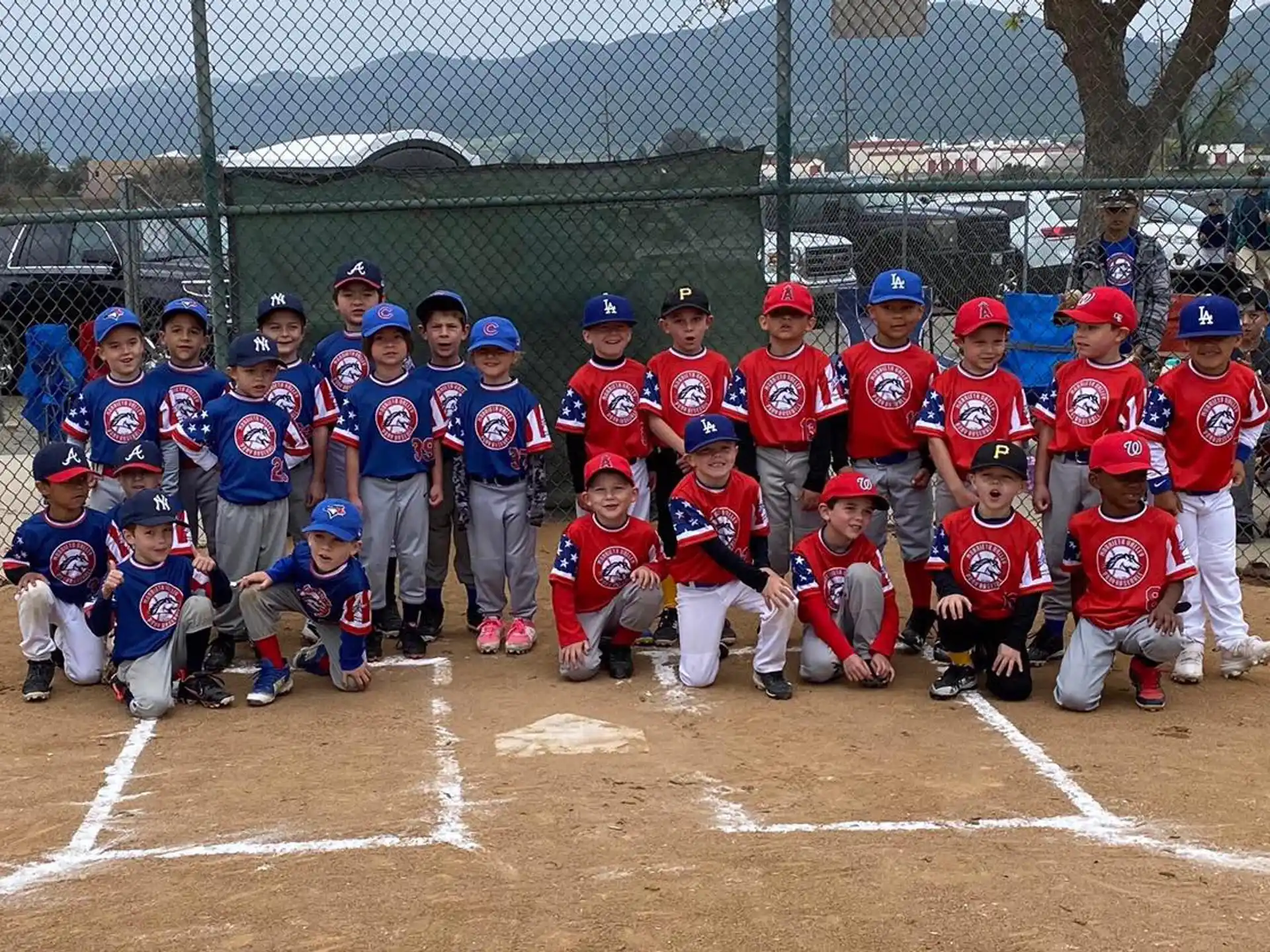 a group of kids posing for a photo on a baseball field