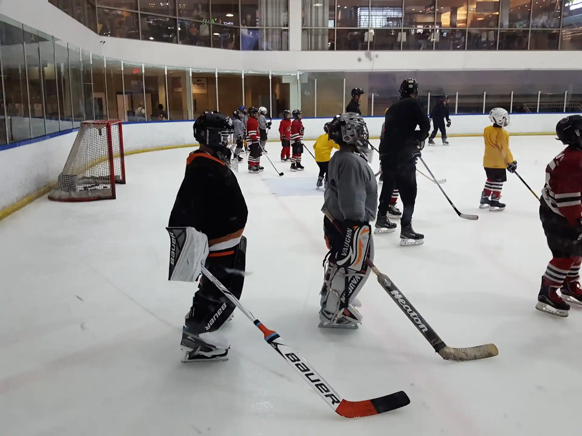 a group of people playing hockey