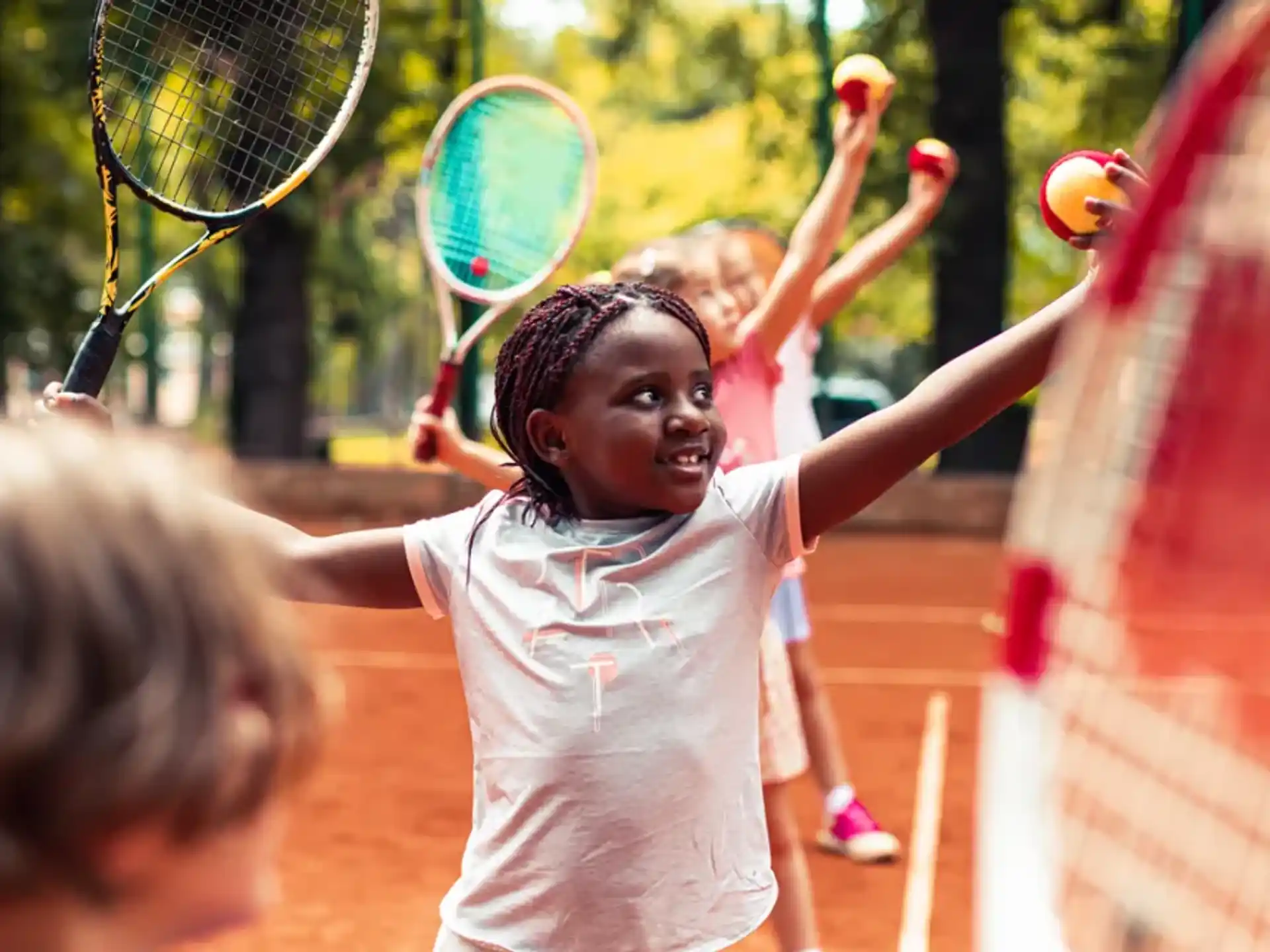 a little girl playing tennis