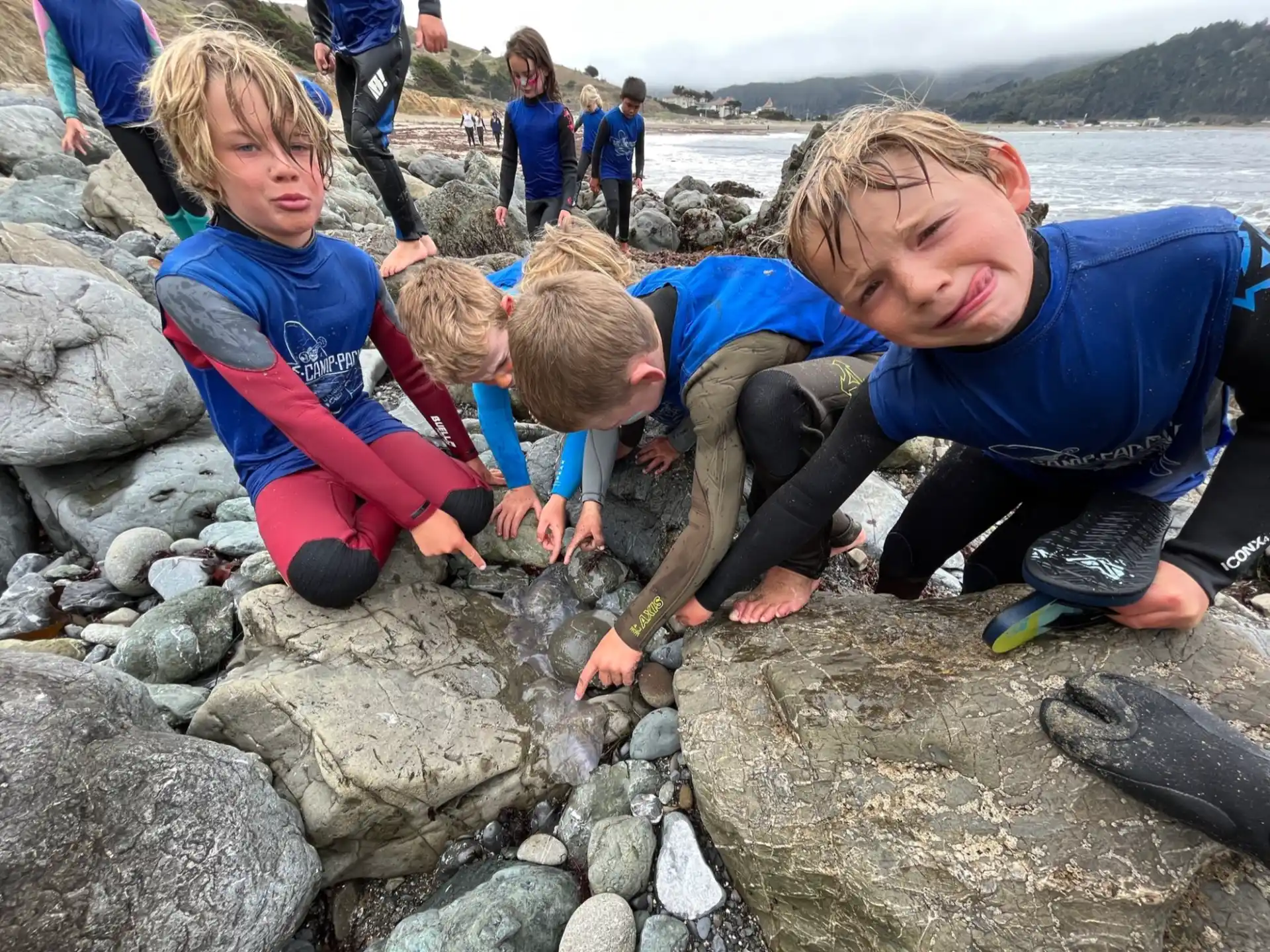 a group of kids playing on rocks