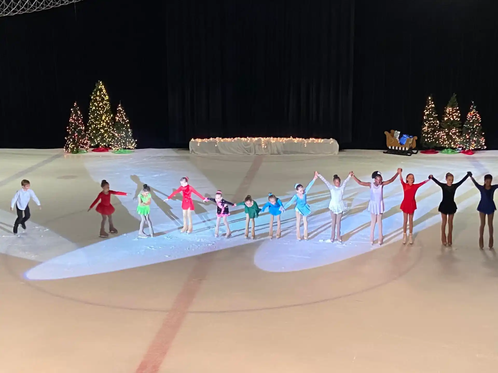 a group of people on an ice rink with a large crowd watching