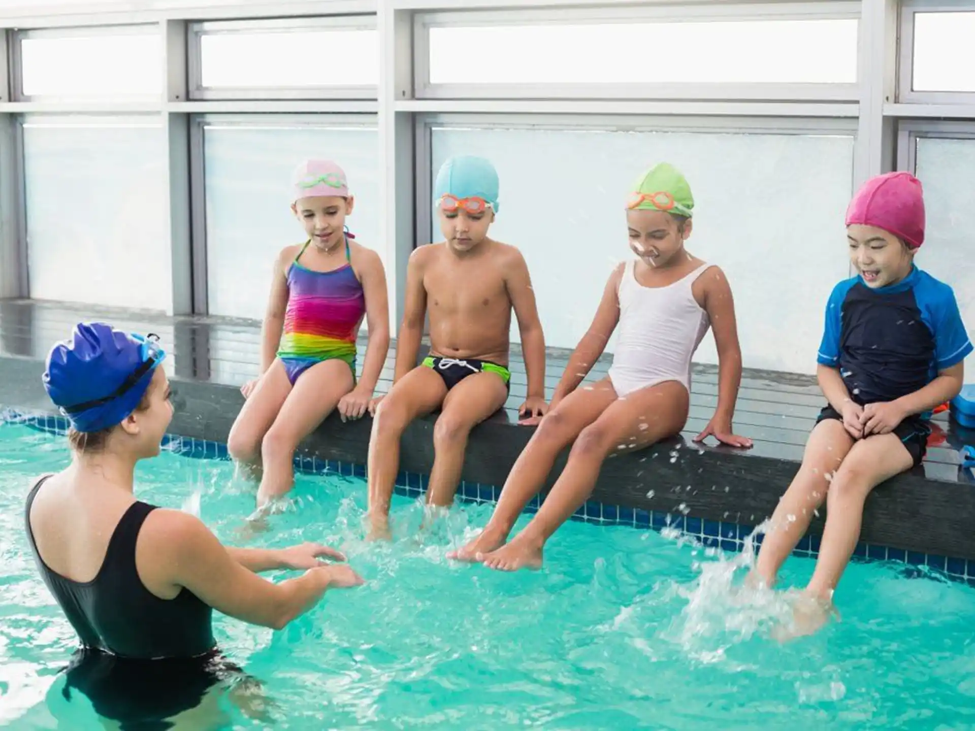 a group of people in a pool