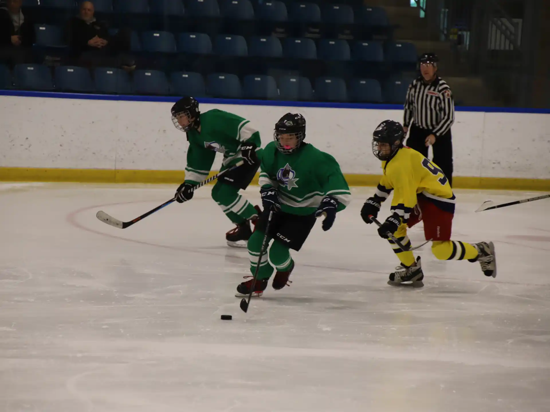 a group of people playing hockey