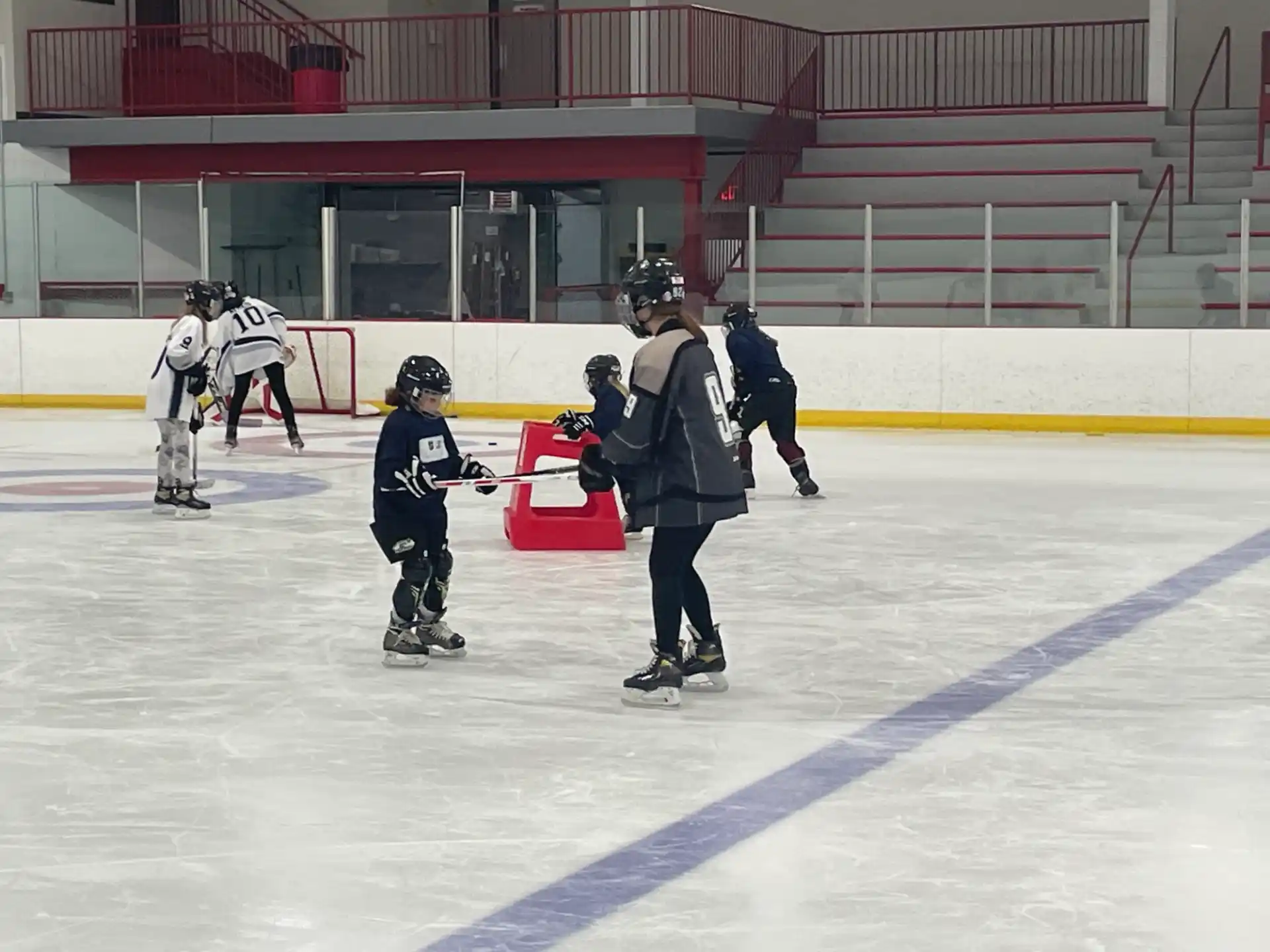 a group of people on an ice rink with hockey sticks