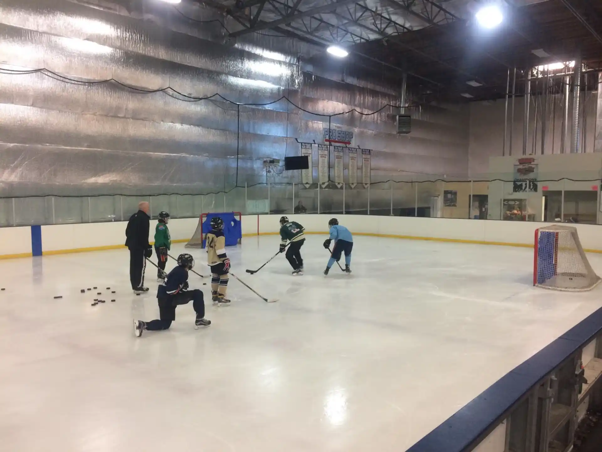 a group of people playing hockey