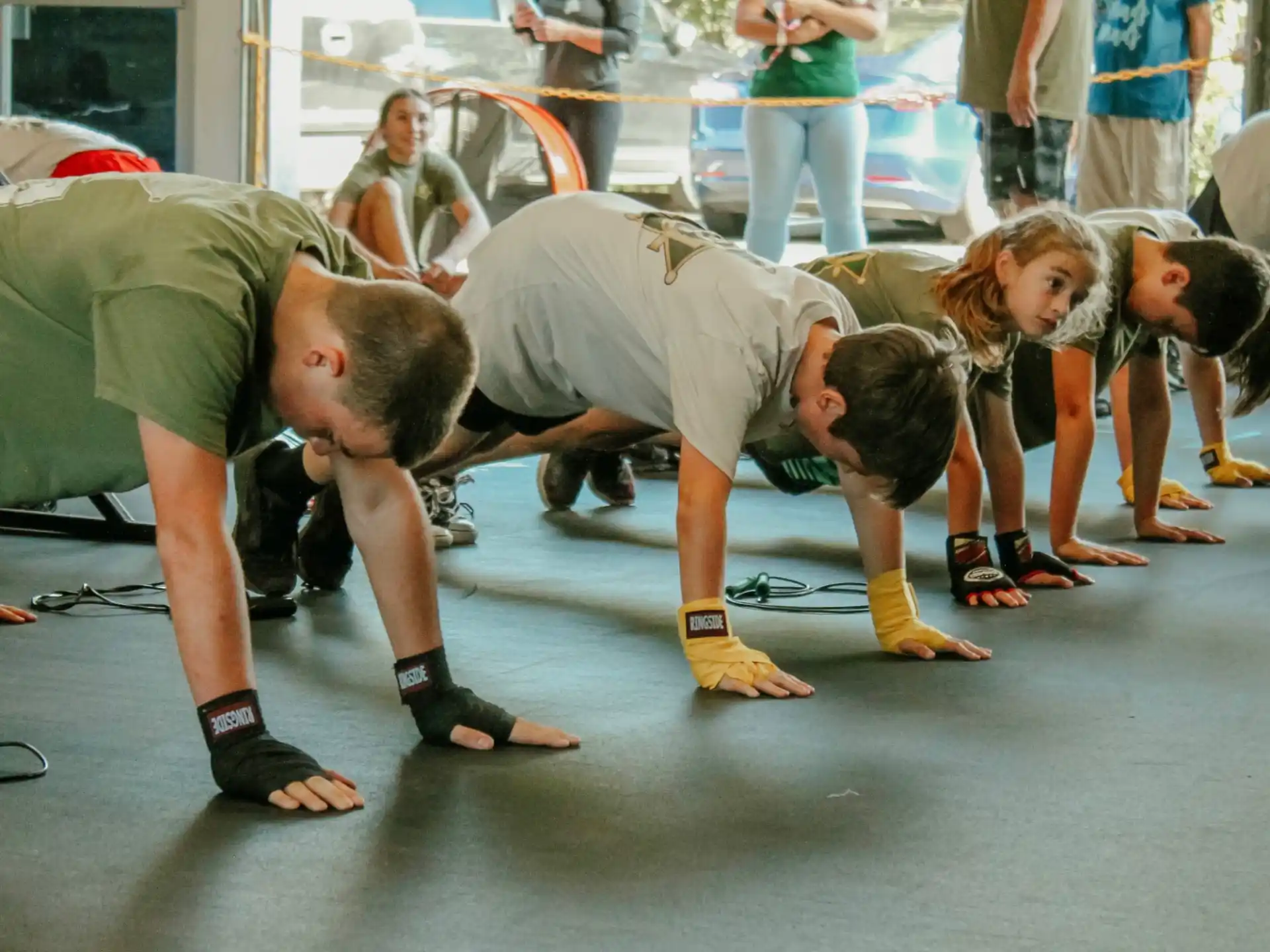a group of people doing push ups