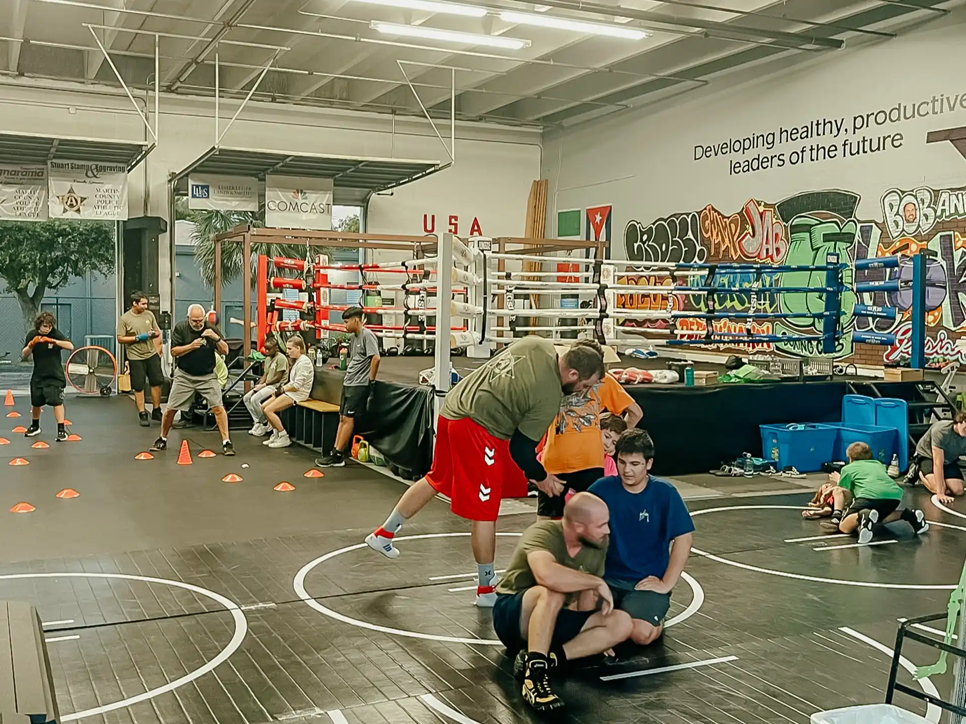 a group of people working out on a track