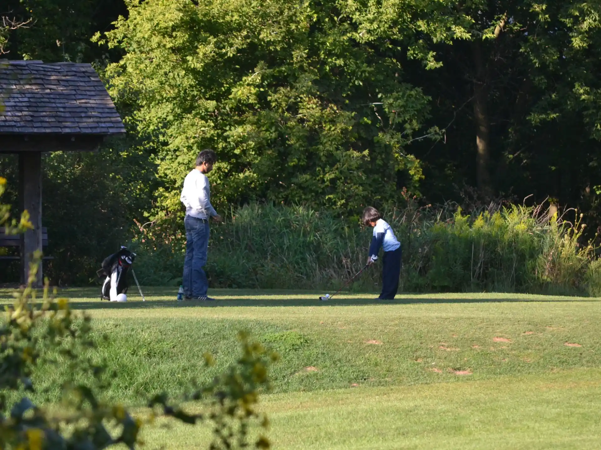 a couple of people playing golf