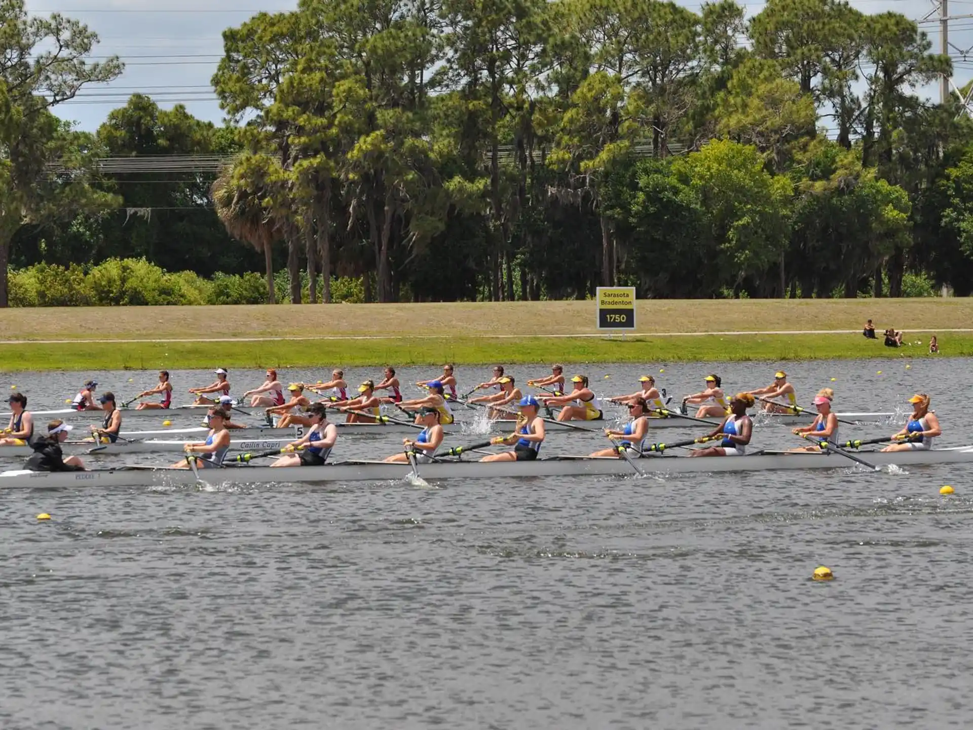 a group of people rowing a boat