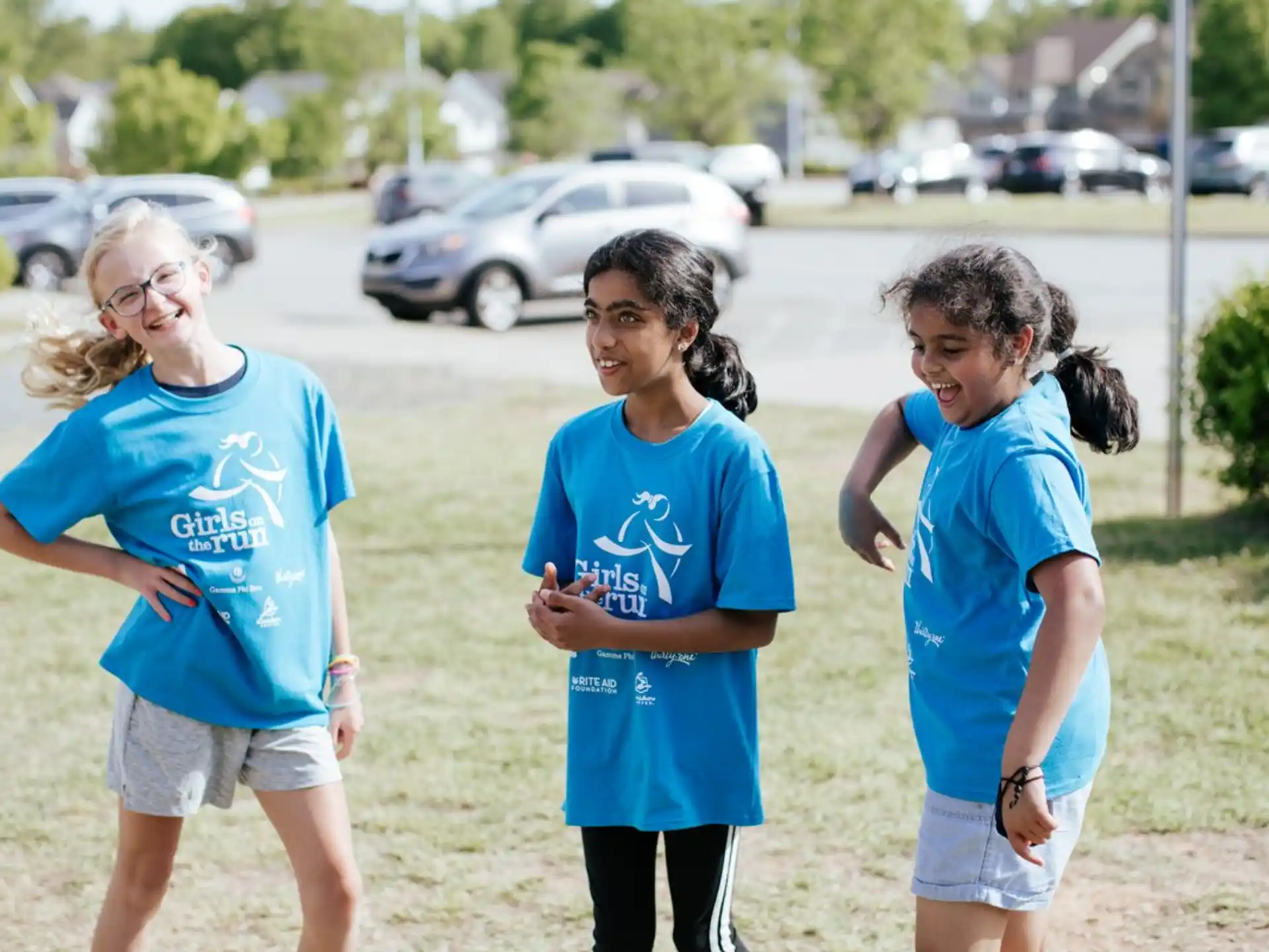 a group of girls in blue shirts