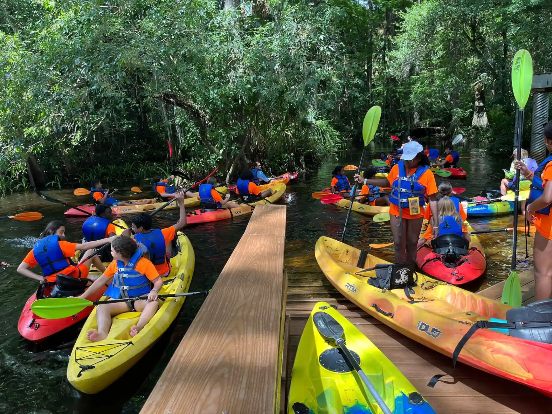 a group of people in kayaks