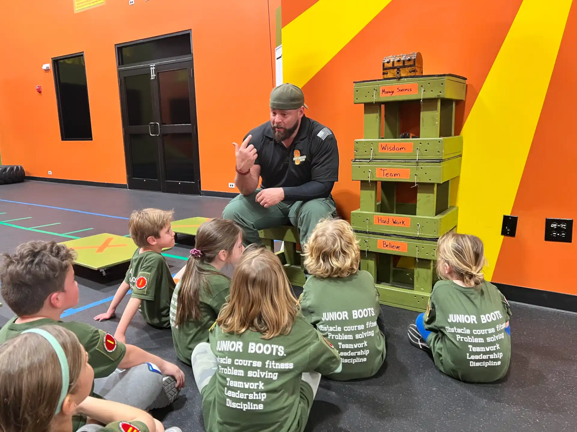 a person sitting in front of a group of children