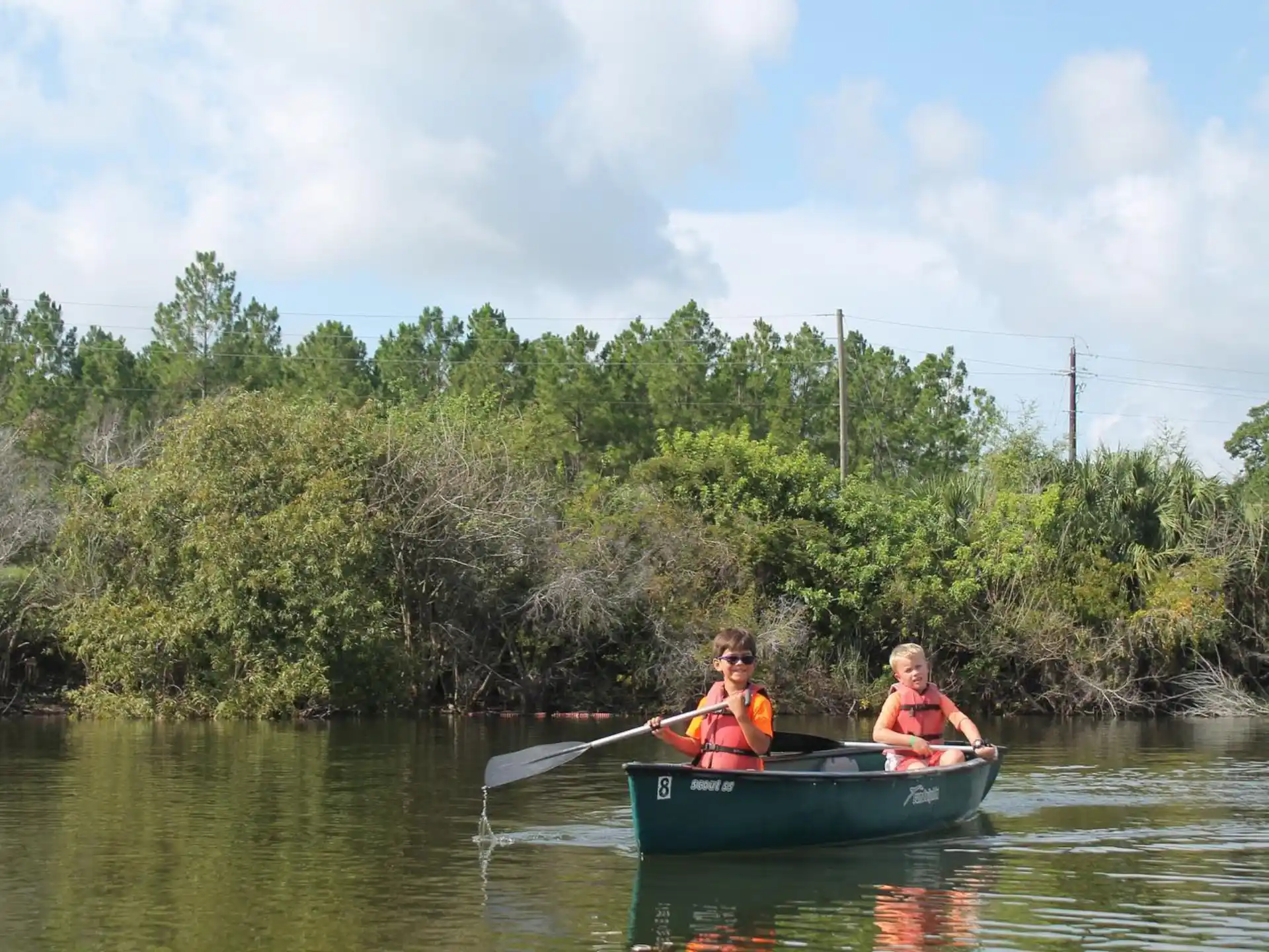 a couple of people in a canoe on a river with trees in the background