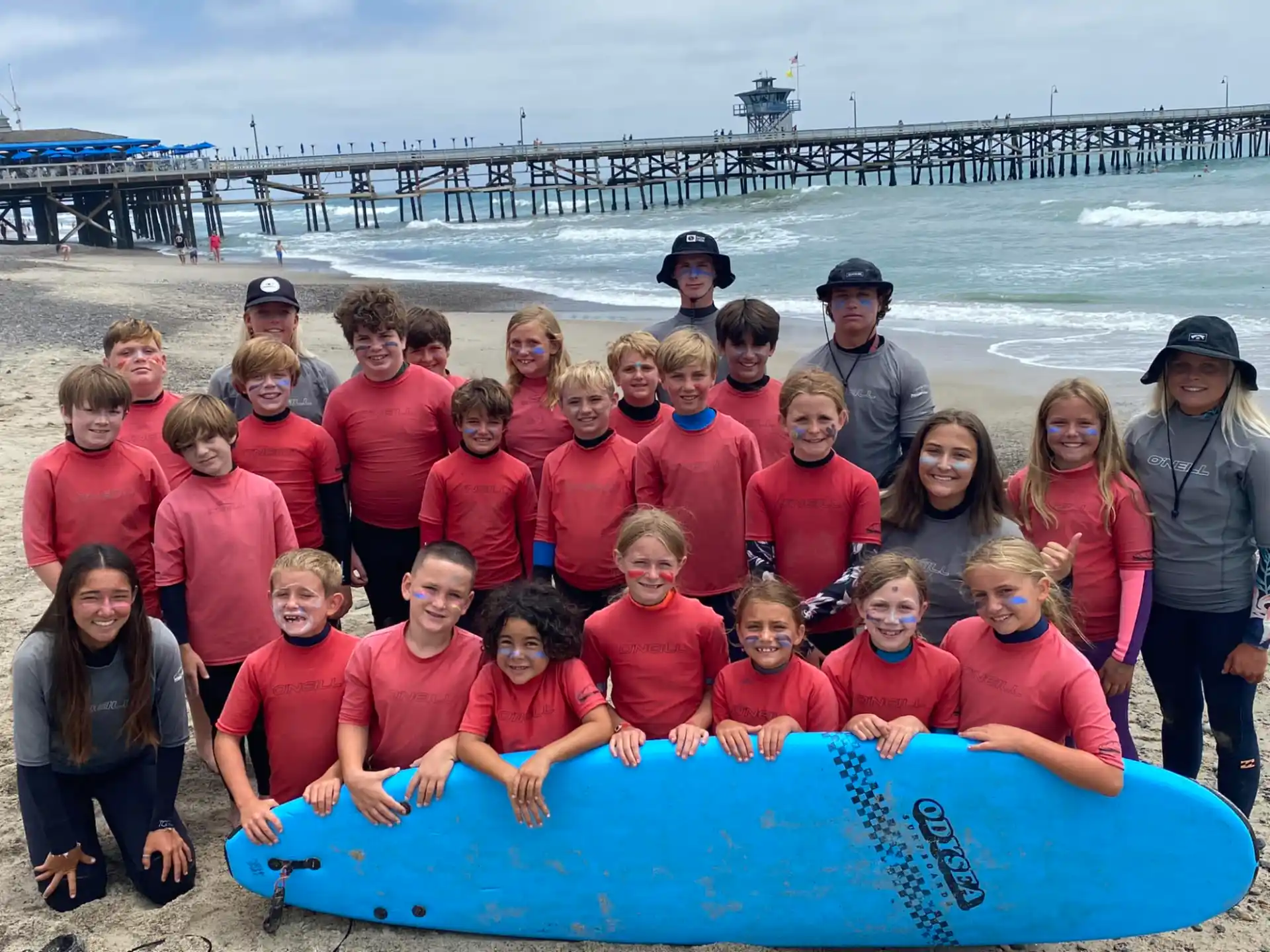 a group of people posing for a photo on a beach