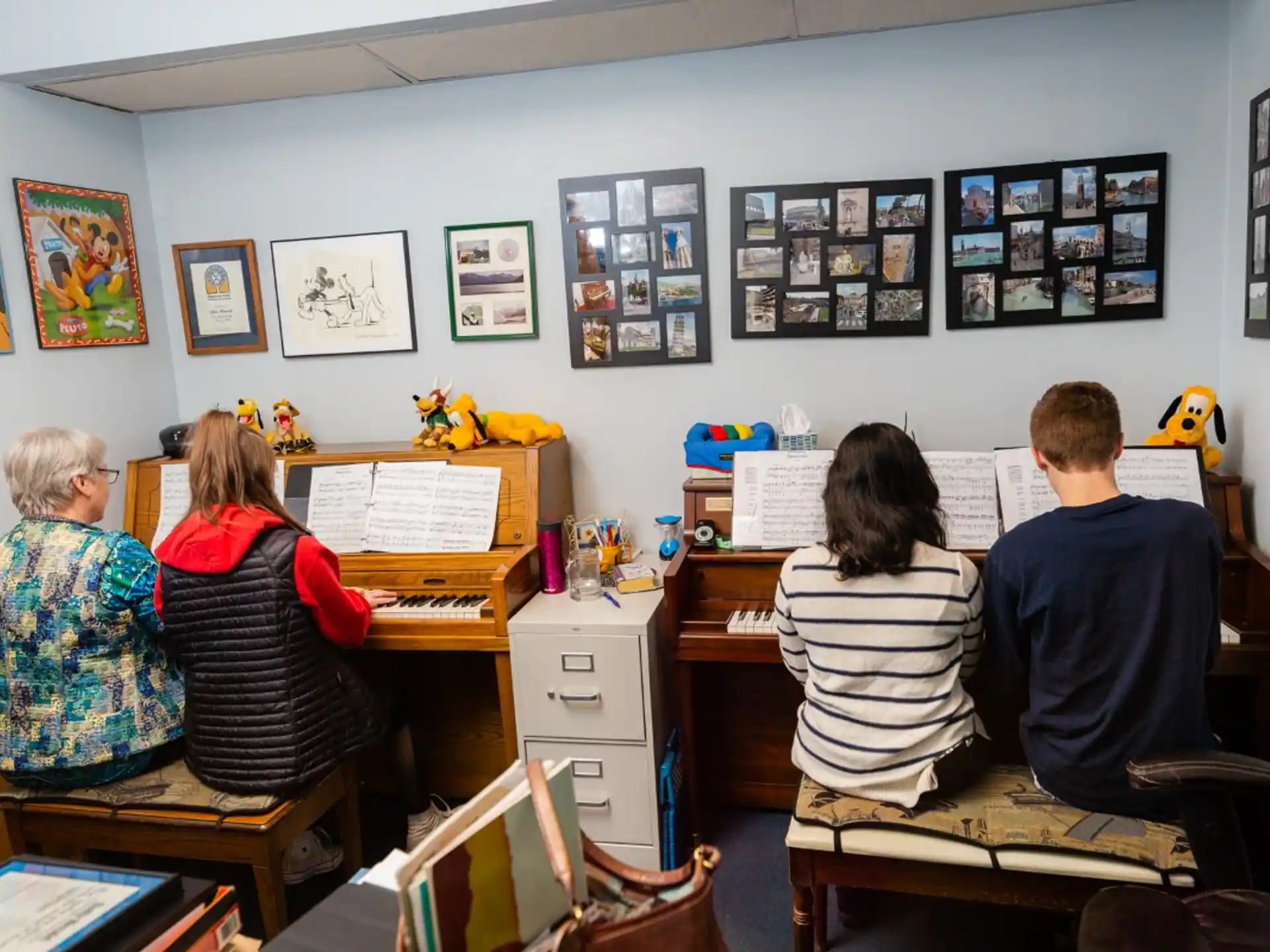 a group of people sitting in a classroom