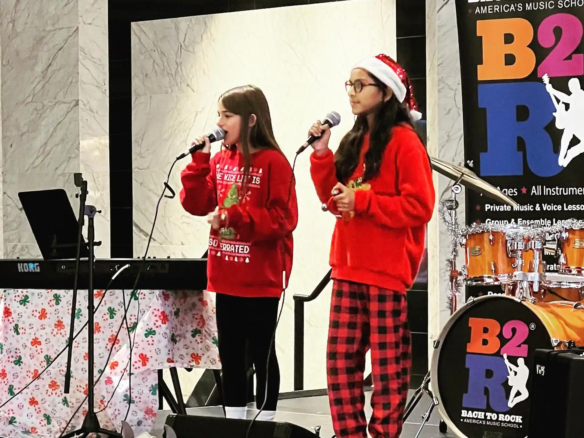 a couple of women singing into microphones