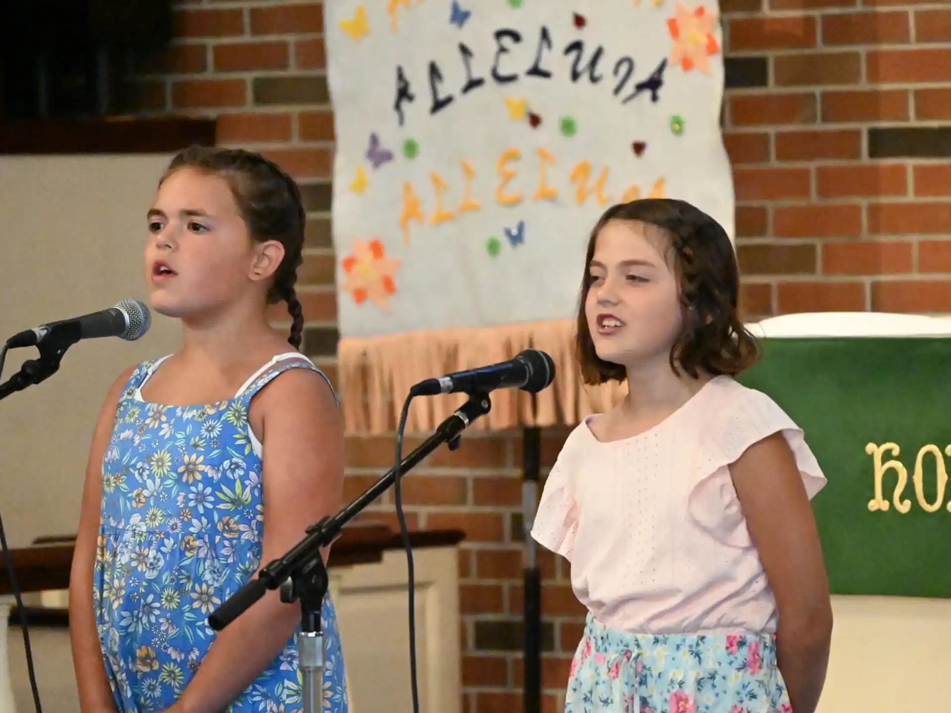 a couple of girls standing in front of a microphone