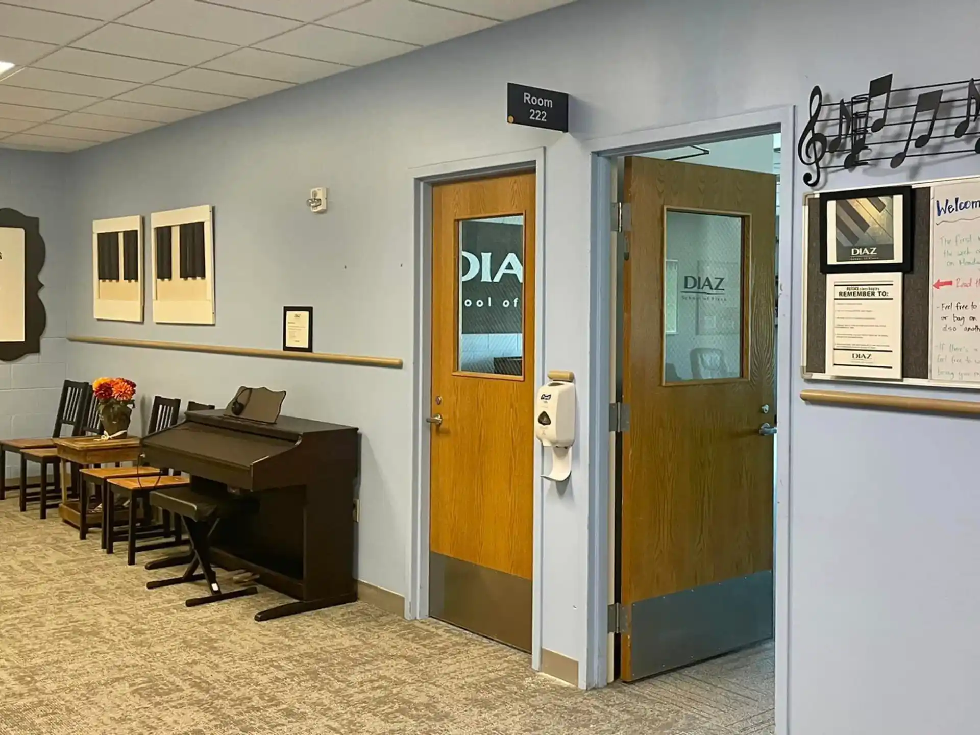 a room with a desk and a door