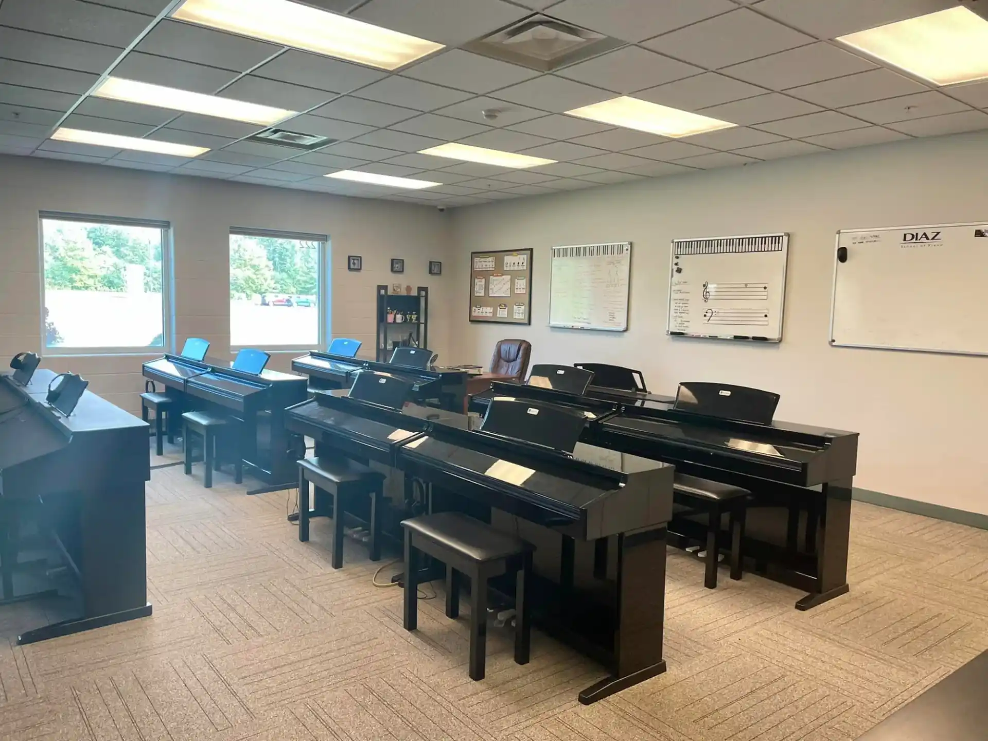 a room with desks and chairs