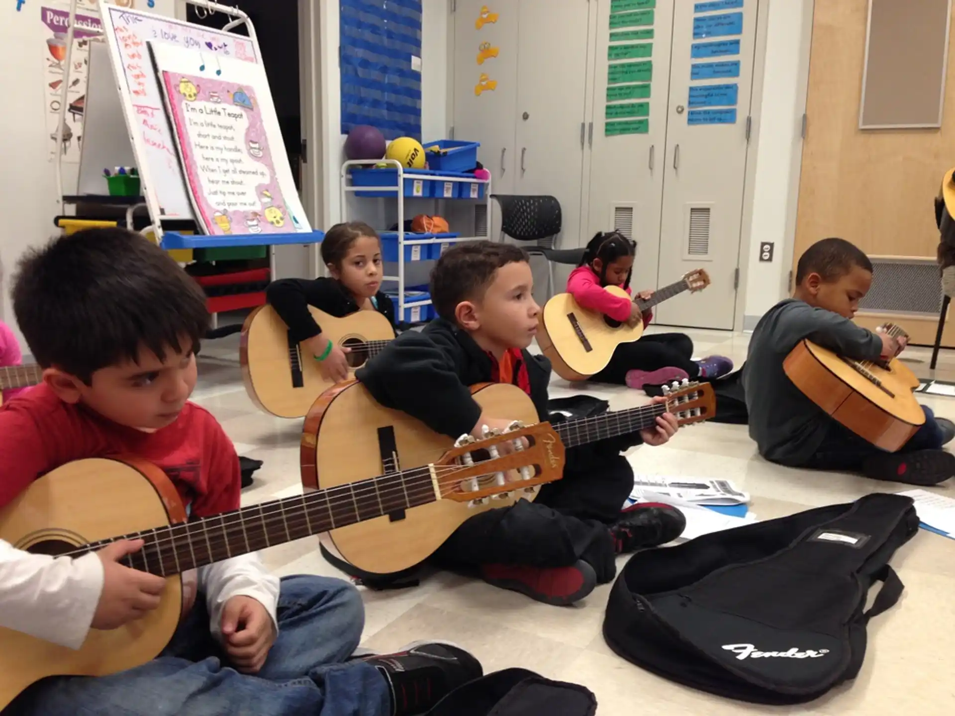 a group of kids playing guitars