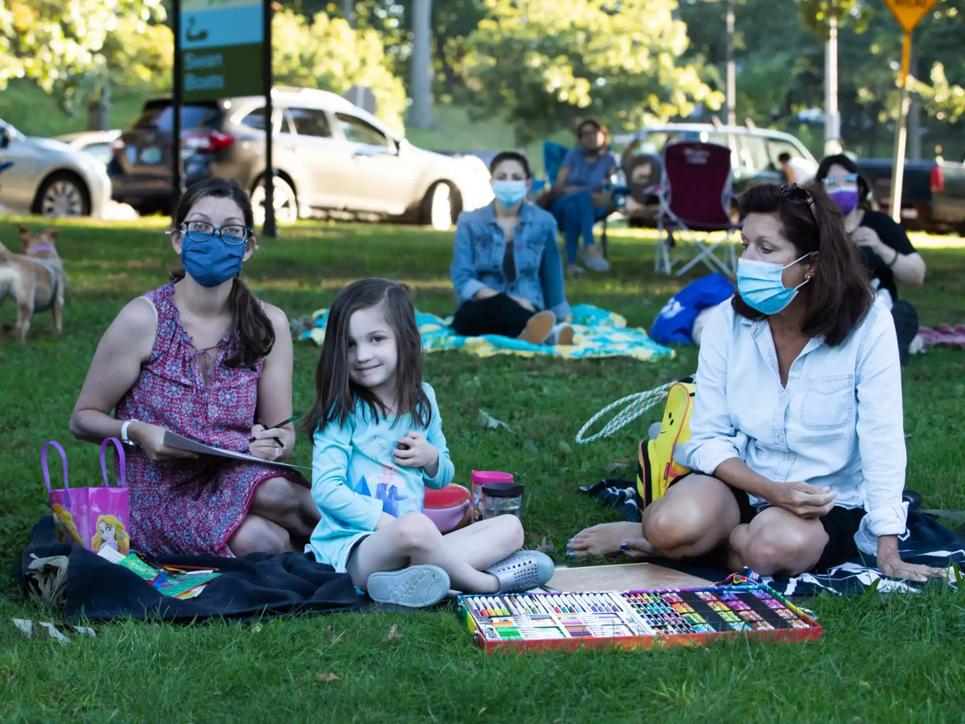 a group of people sitting on the grass
