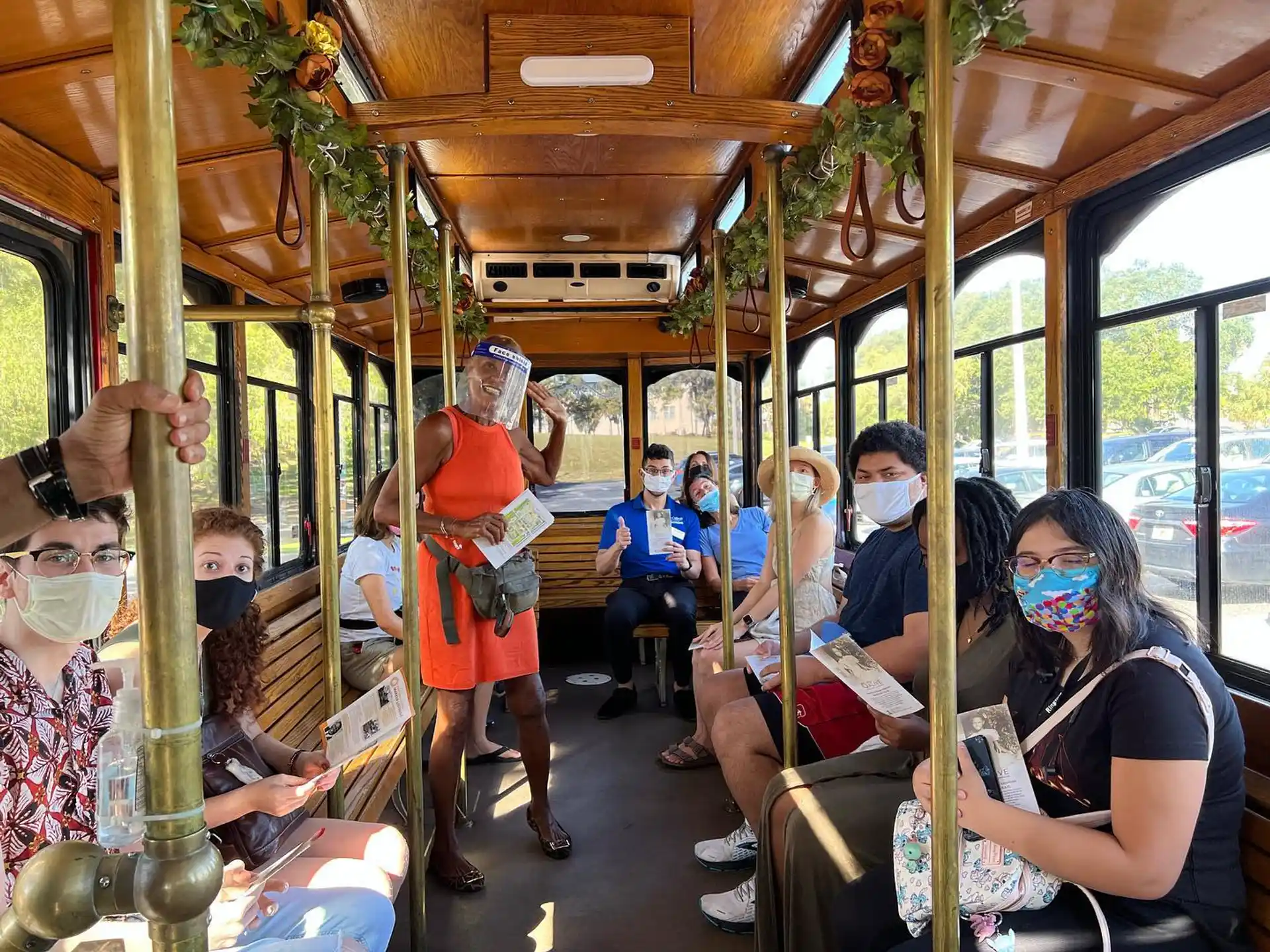 a group of people on a bus