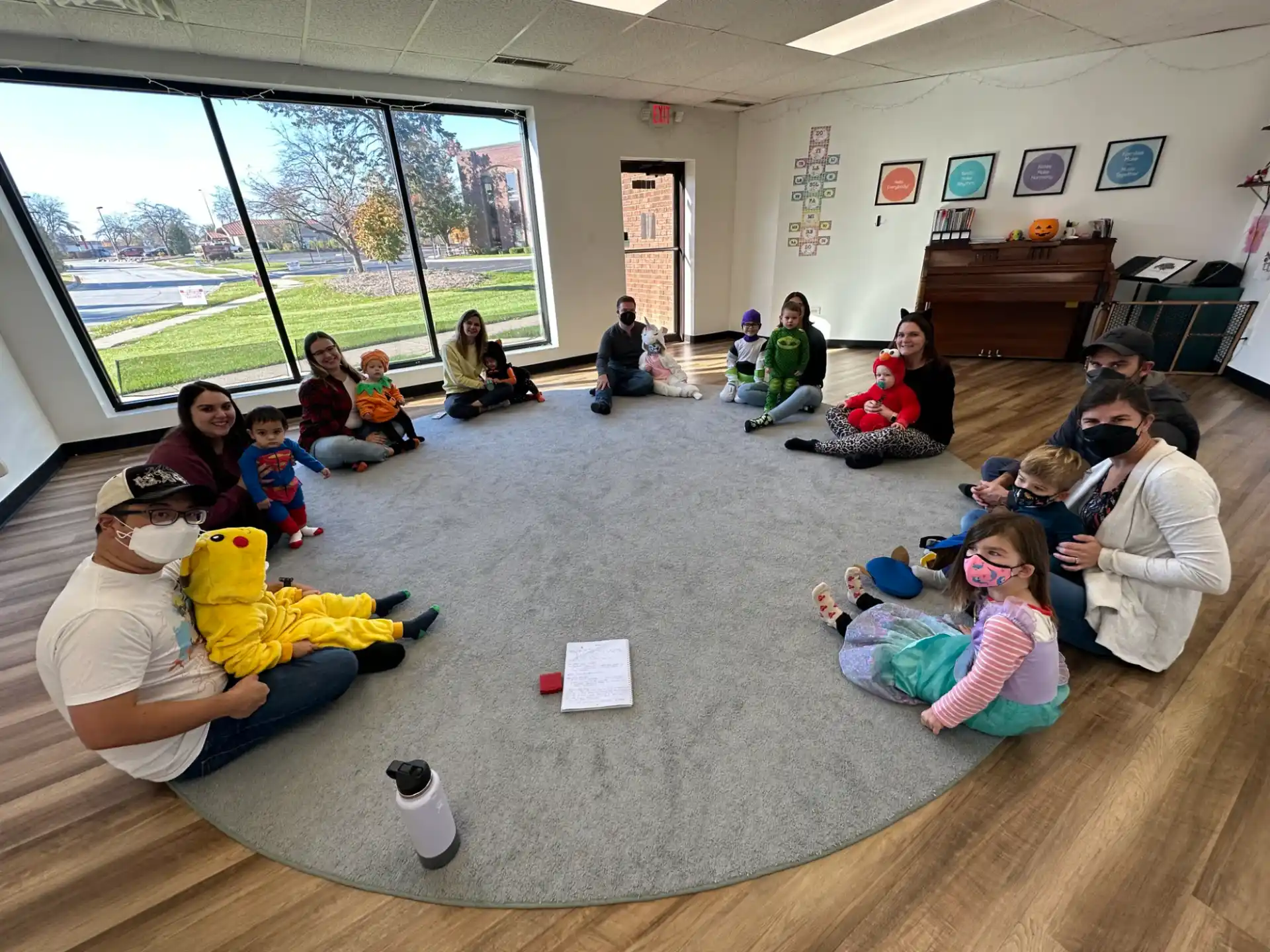 a group of people sitting in a room