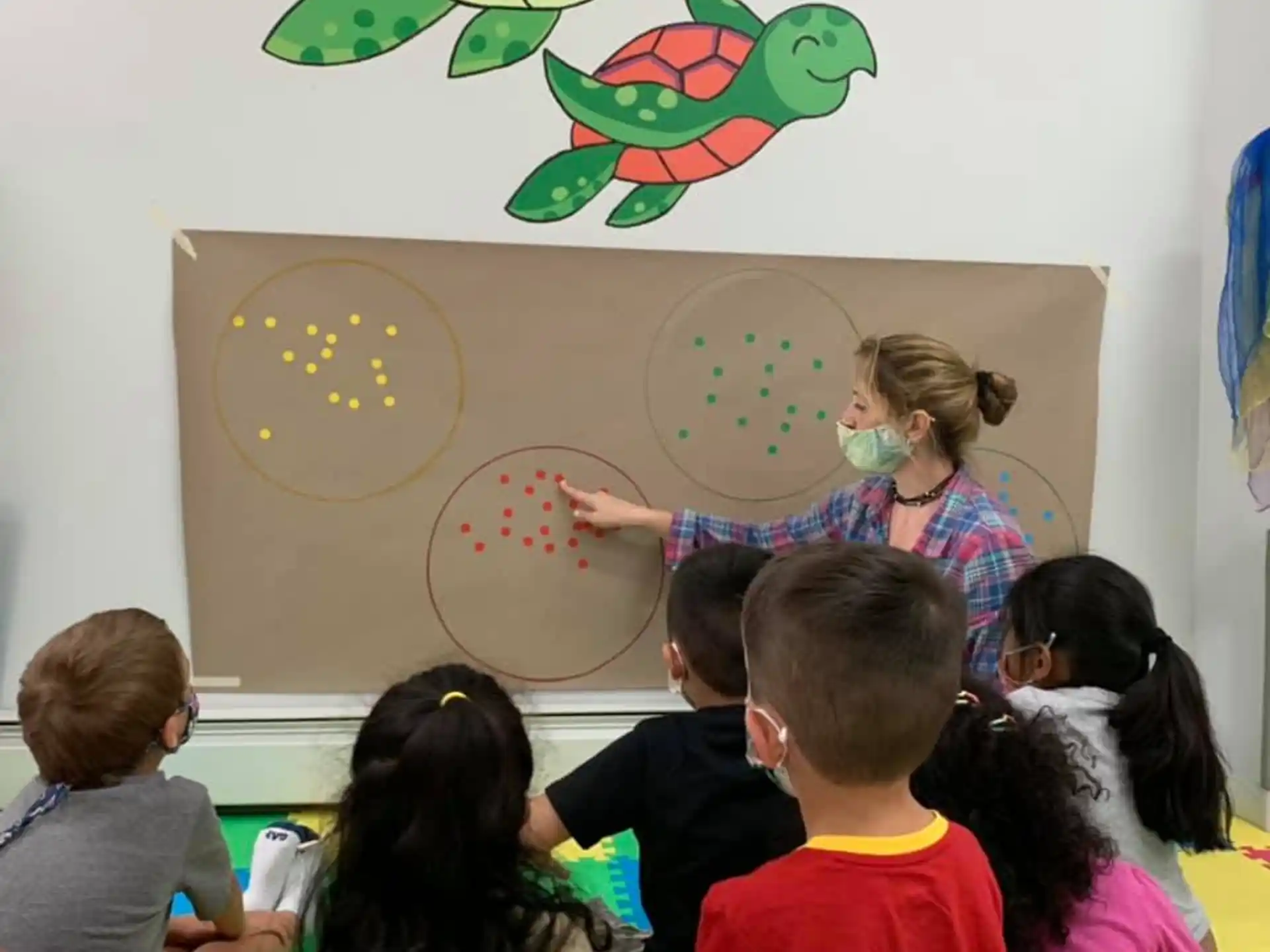 a group of children drawing on a white board