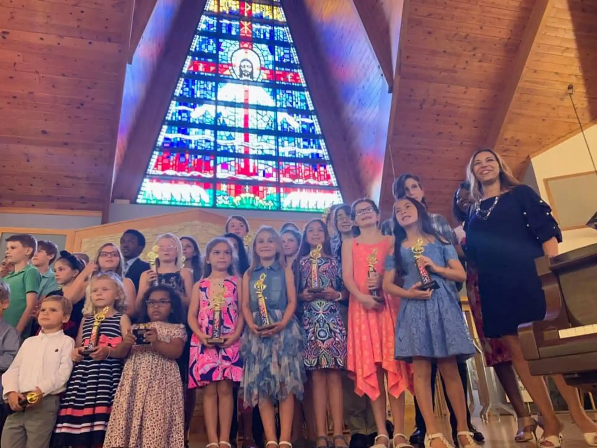 a group of people in a church