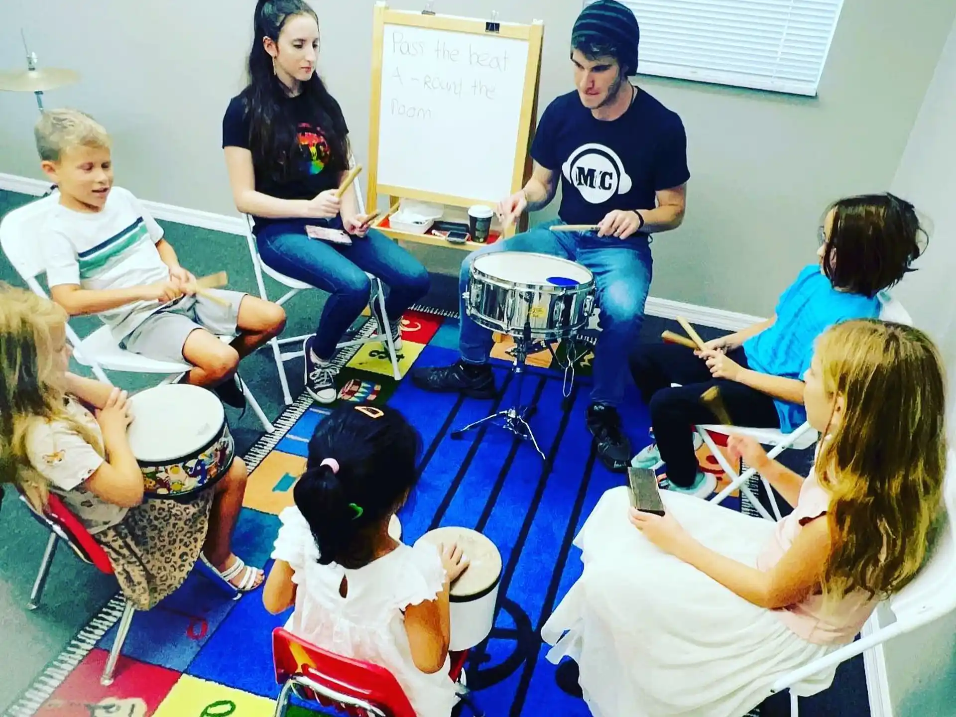 a group of people sitting around a table