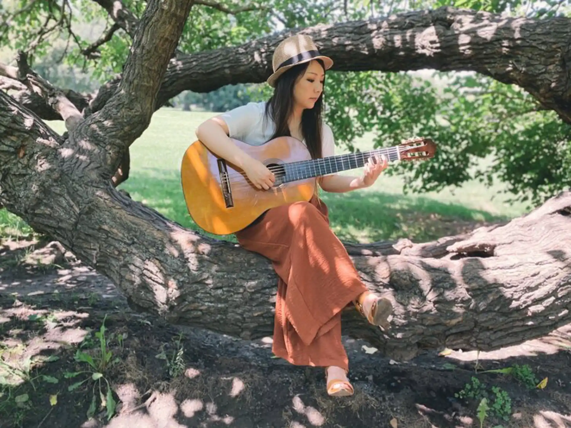 a person sitting on a tree playing a guitar