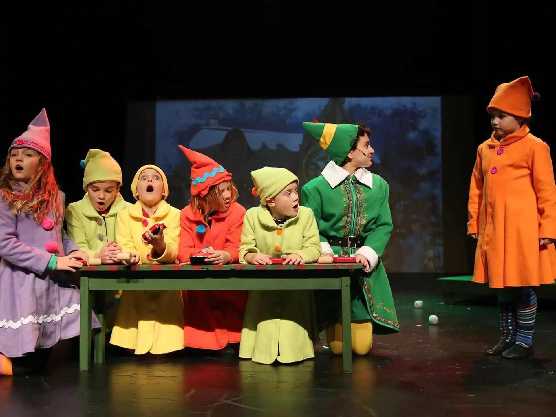 a group of children in clothing sitting at a table
