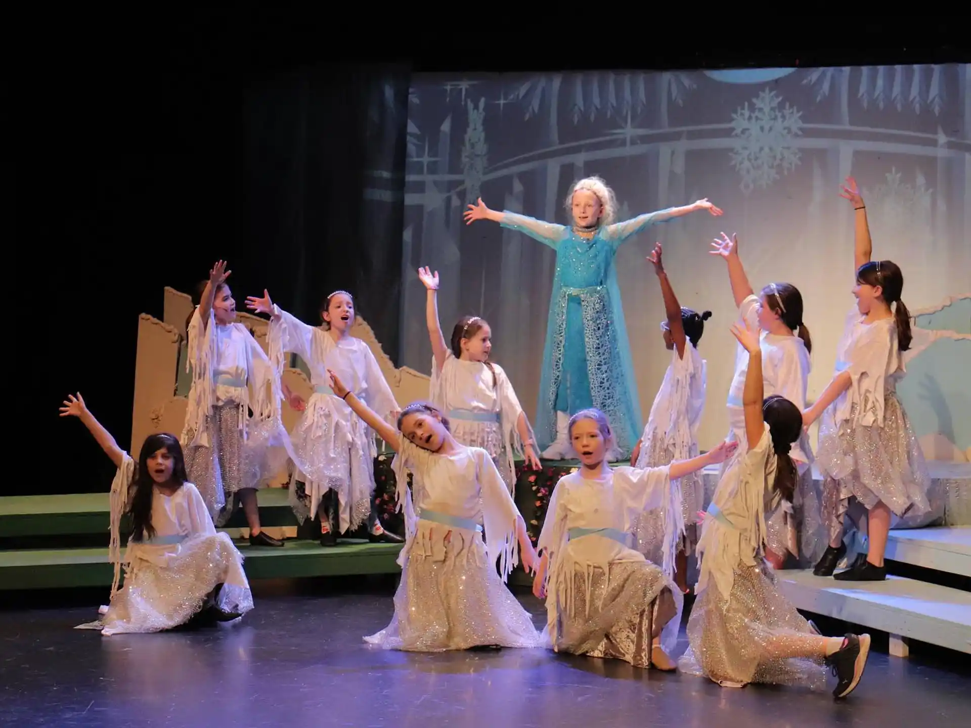 a group of women in dresses dancing on a stage