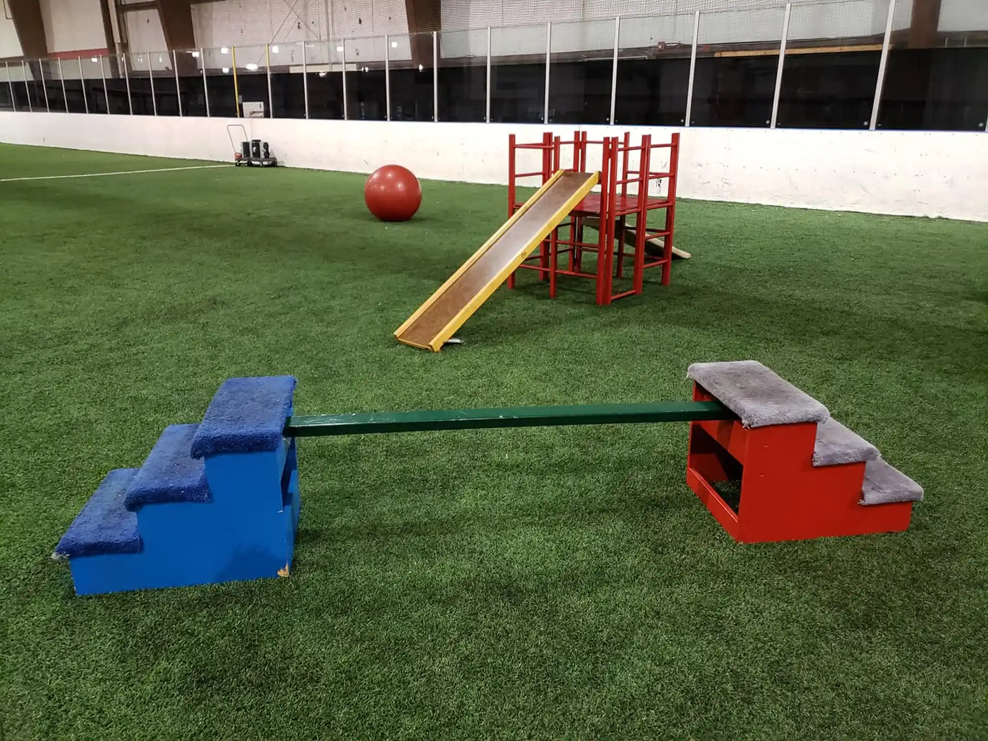 a ball and a red ball on a green field