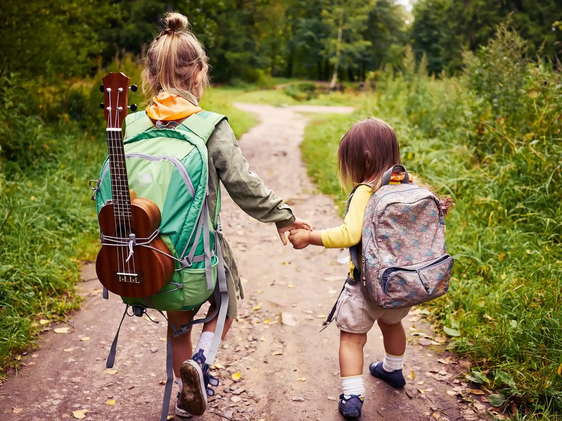 a couple of people walking on a path in the woods