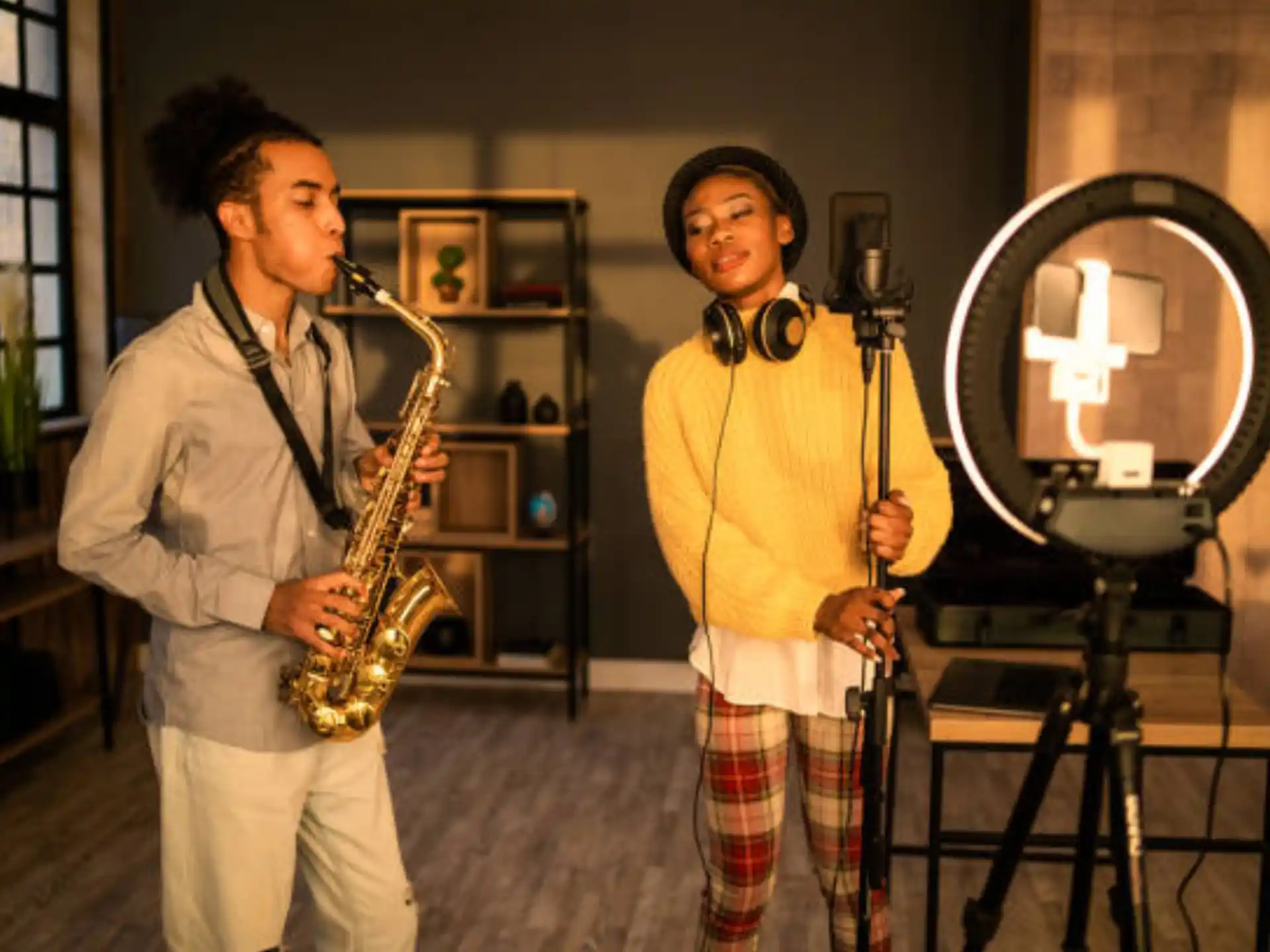 a man and a woman playing instruments