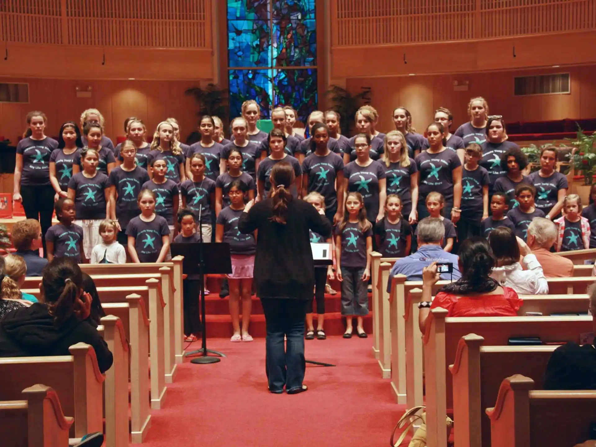 a group of people in a church