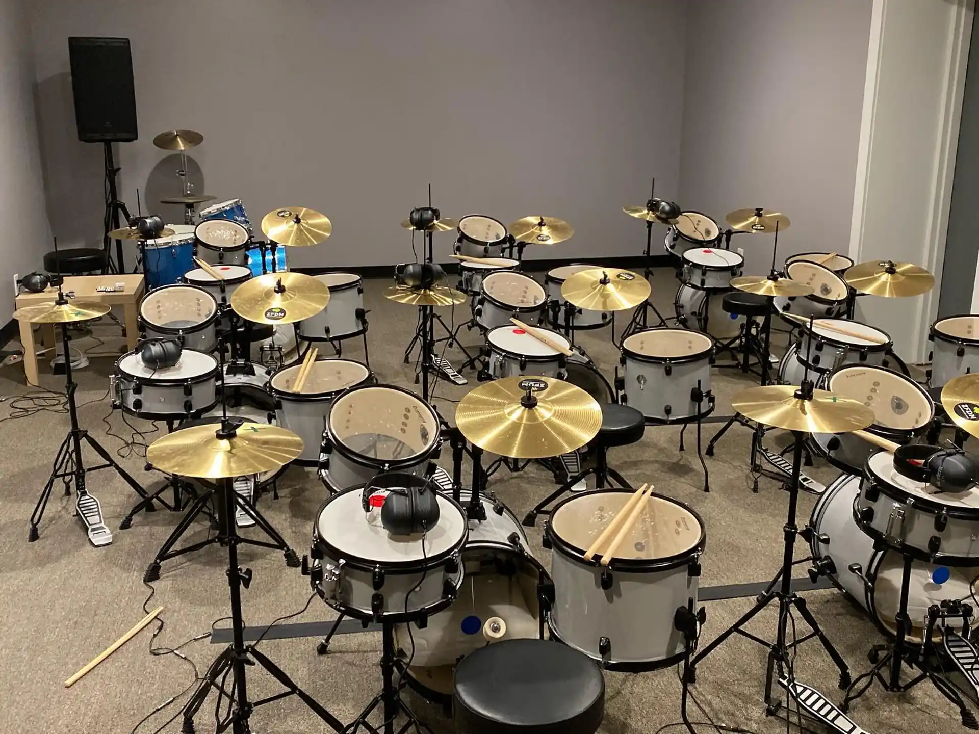 a drum set in a room